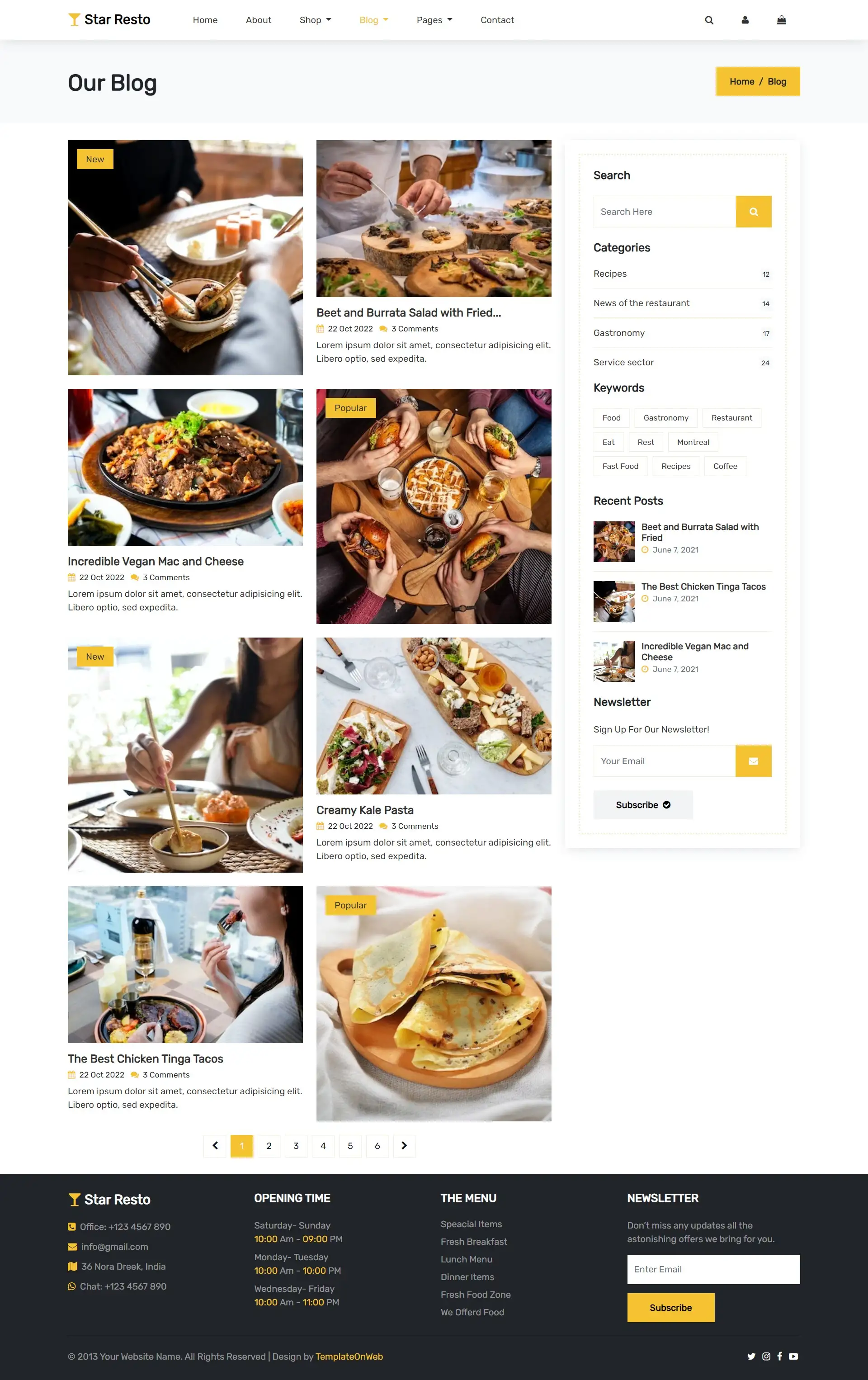 Food and beverage website template blog page