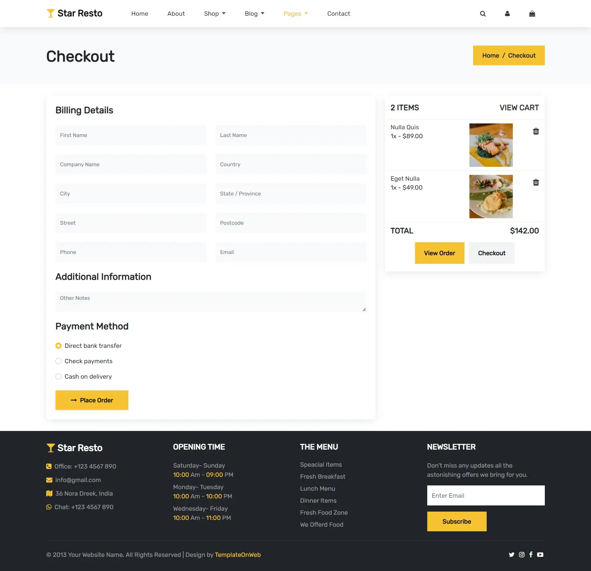 Restaurant food ordering checkout web page