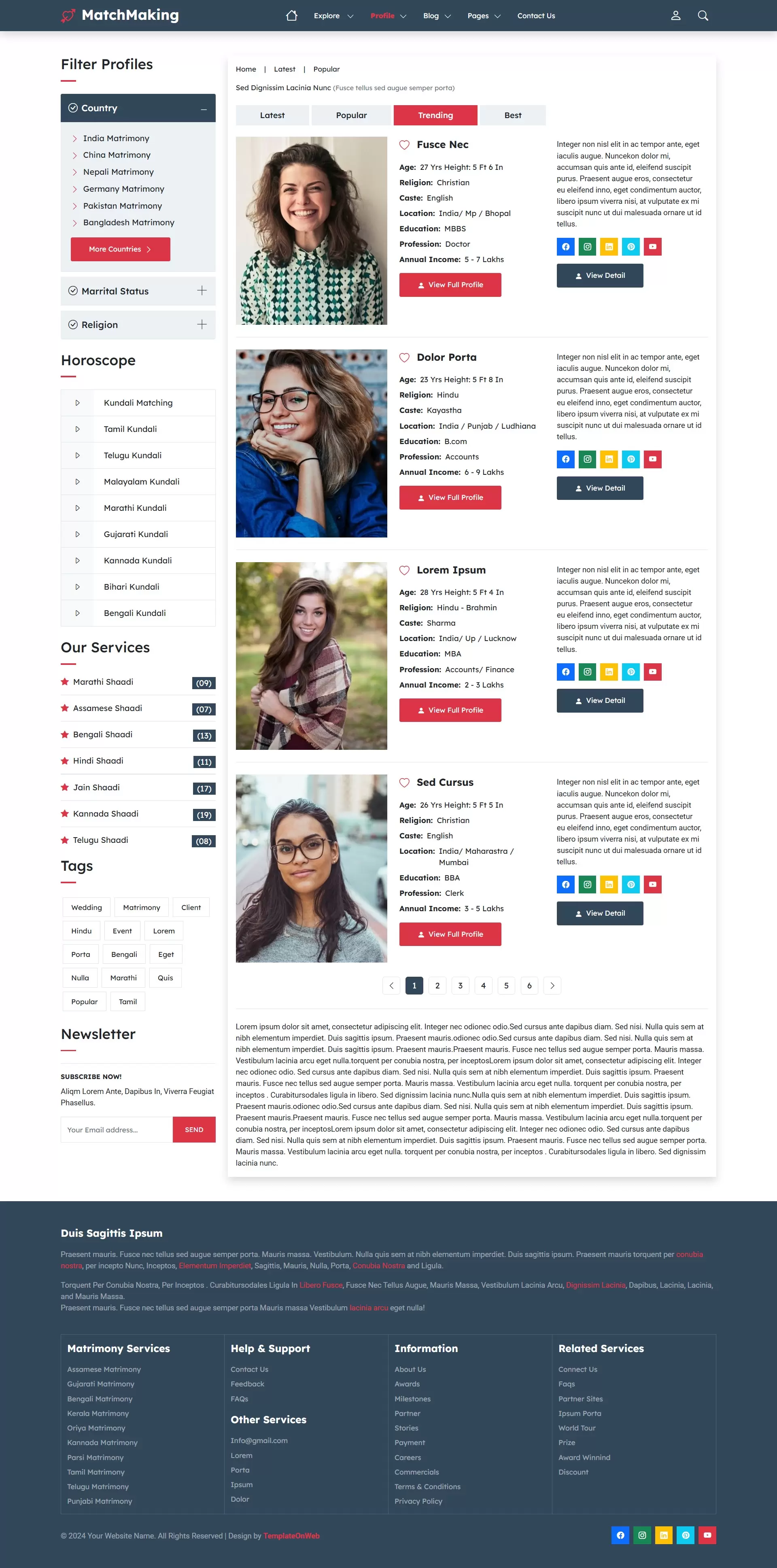 Users listing page with categories in tabs and filter profile options