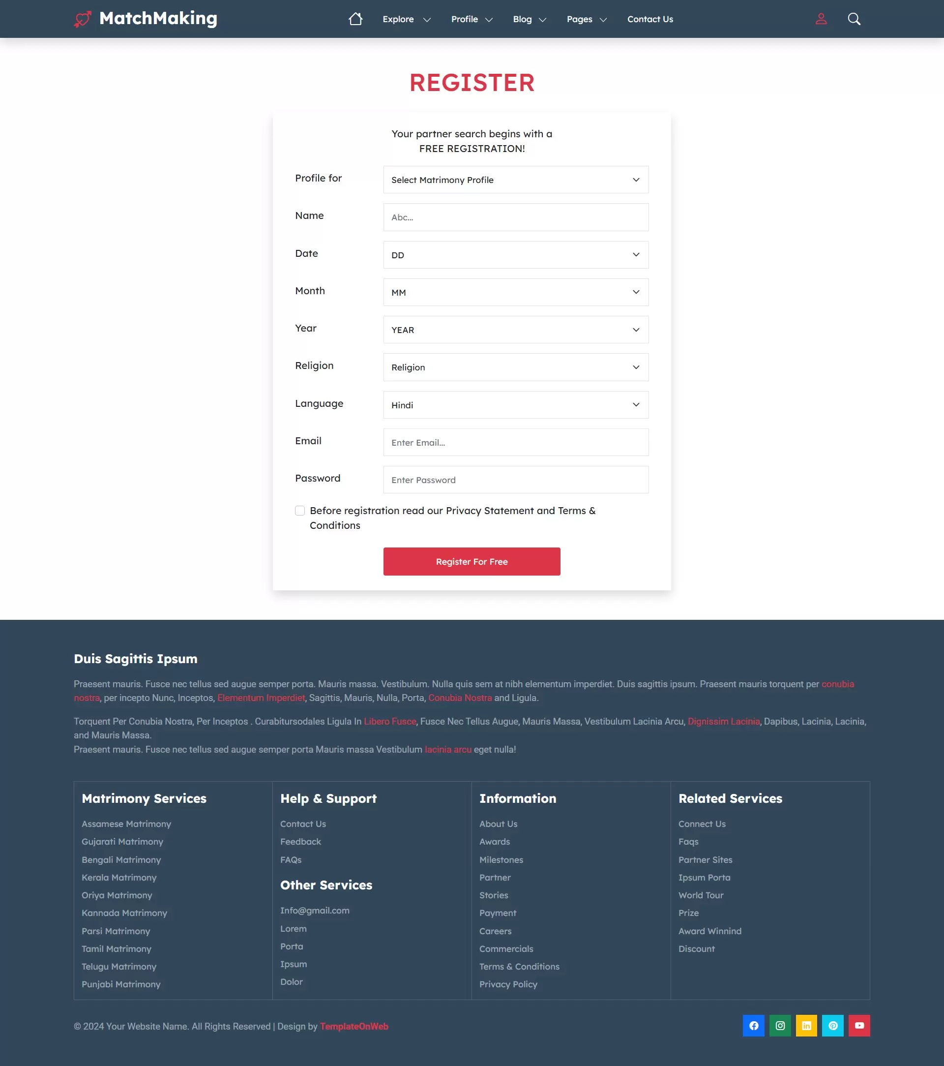 Bride and grooms registration page for matrimonial services