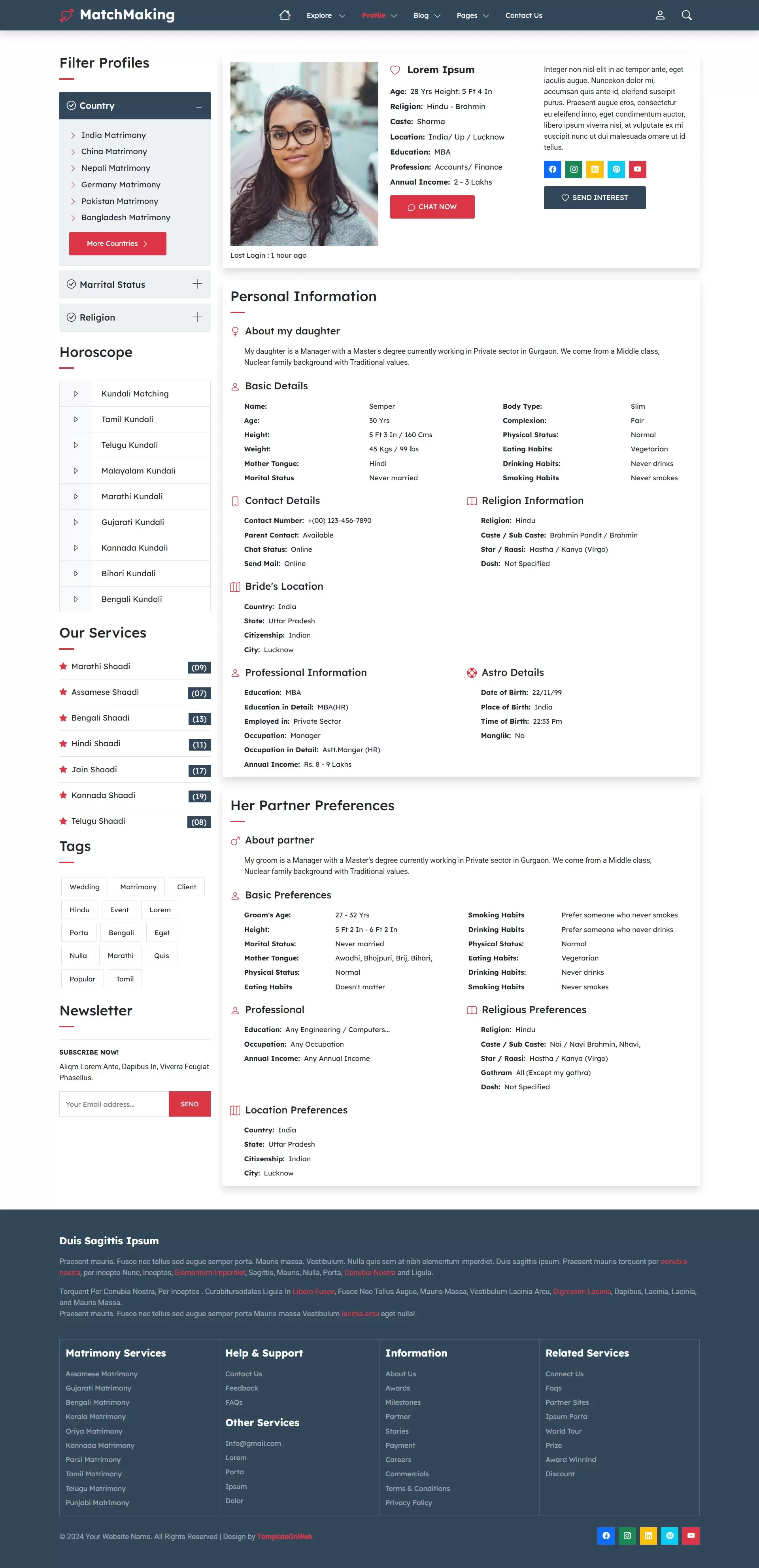Users detailed profiles with photos, personal details, preferences, and interests