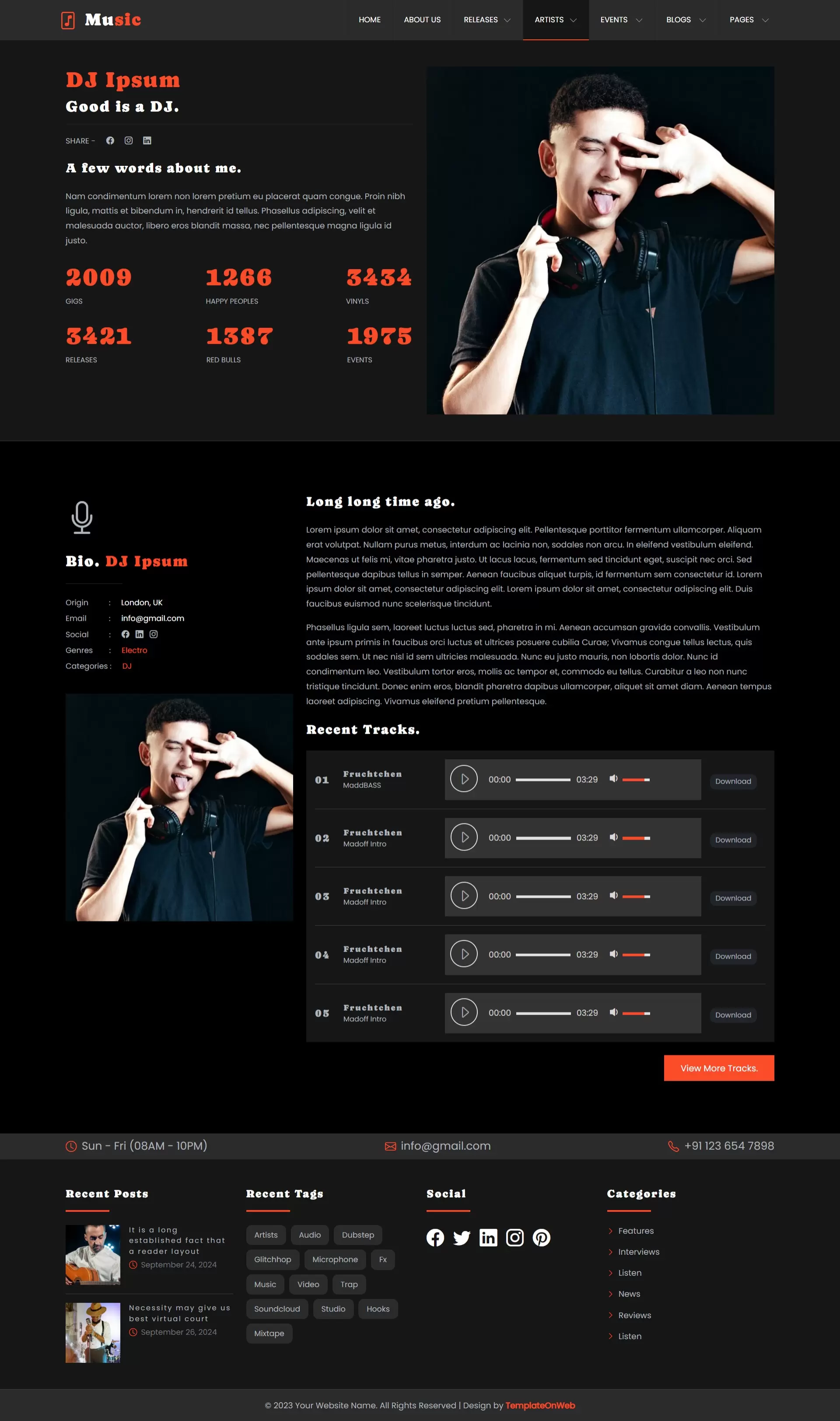 Artist detail section showing streaming links and social profiles