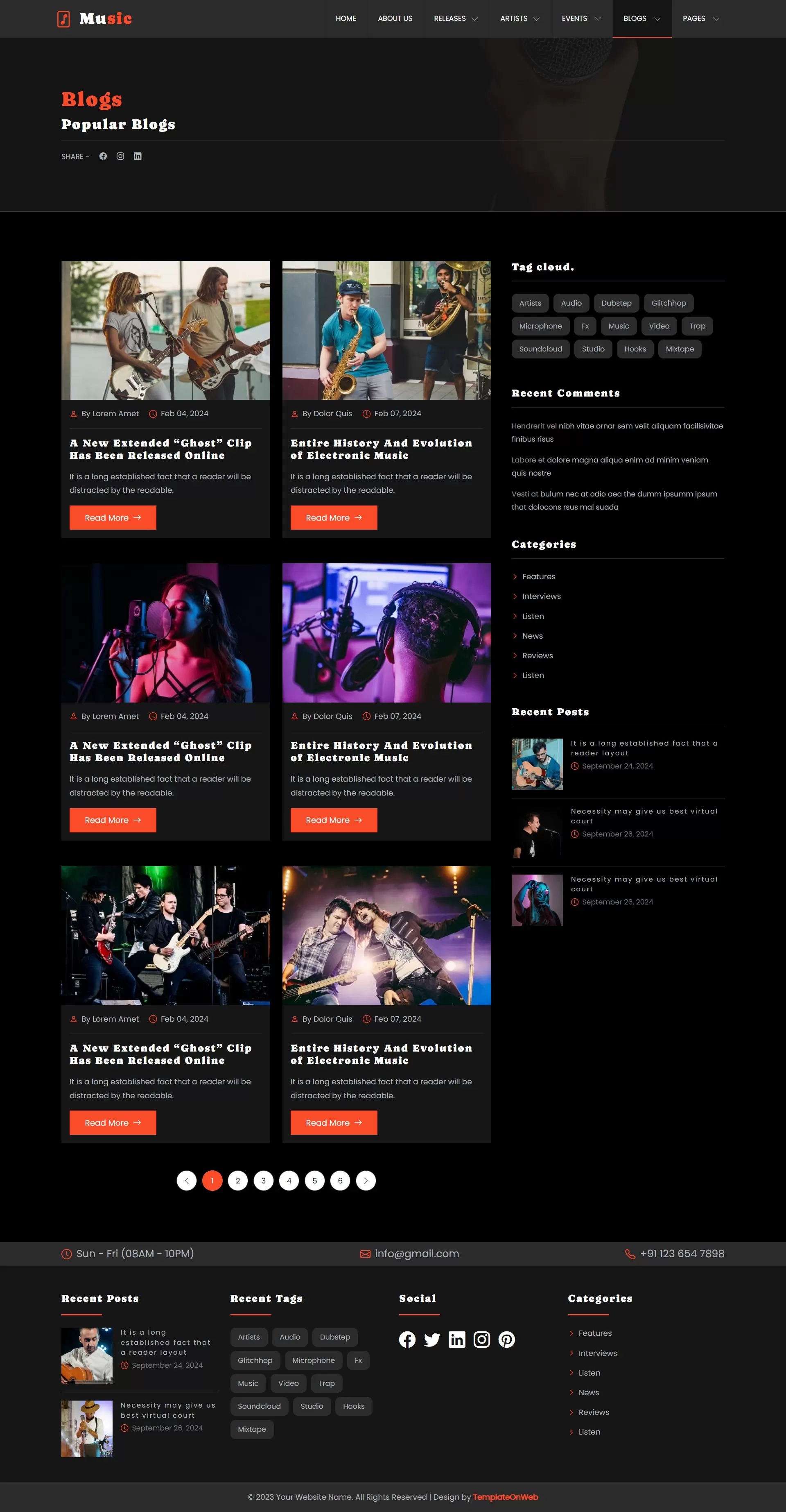 Blog list preview with images of concerts and gear reviews