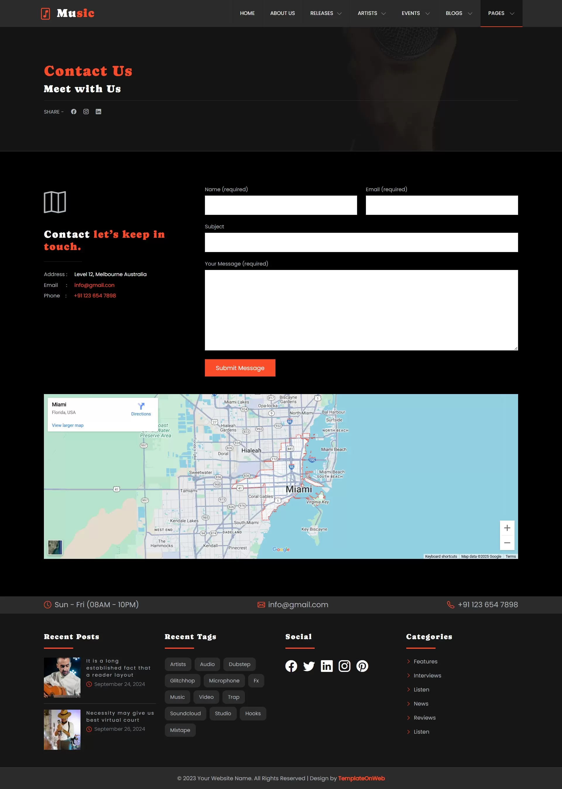 Contact form for music bookings and inquiries