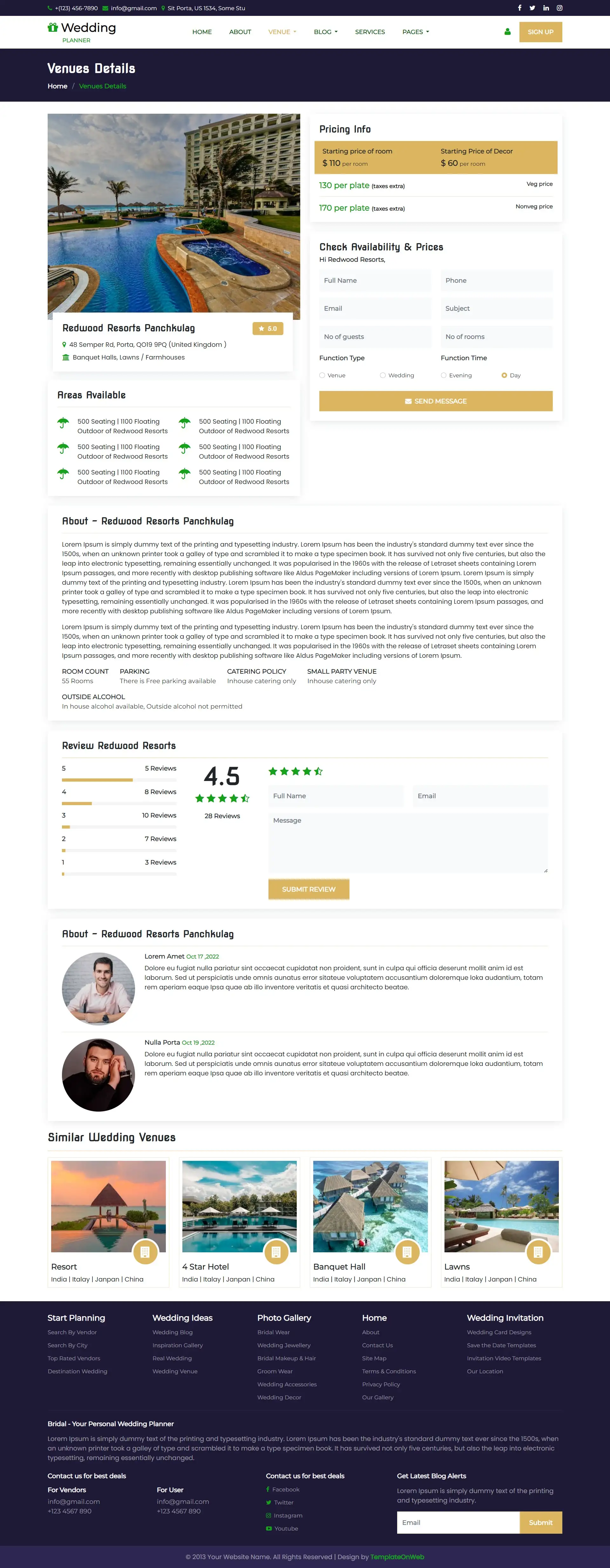 Marriage venue booking details web page