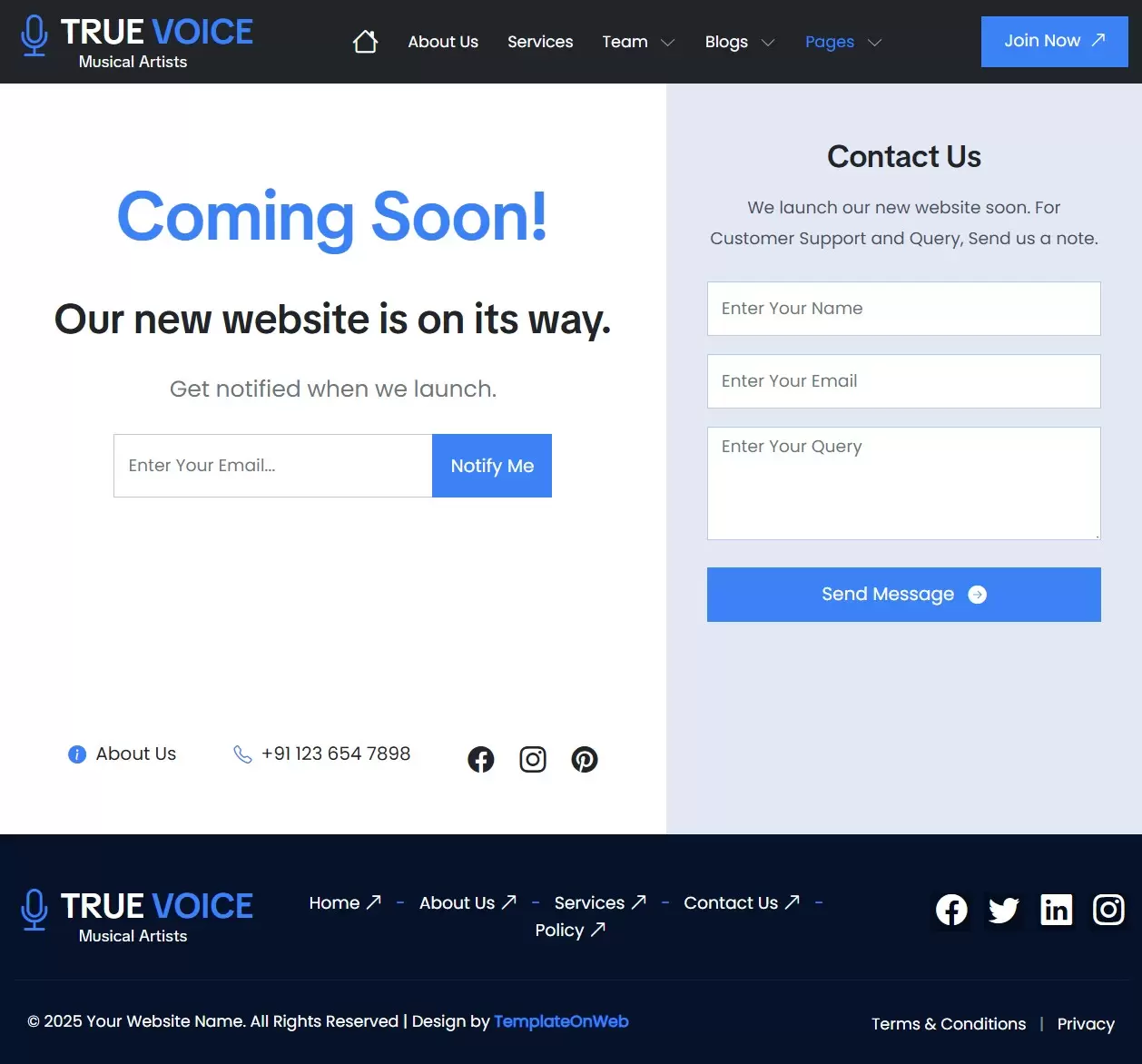 Coming soon page of responsive Bootstrap 5 musical website