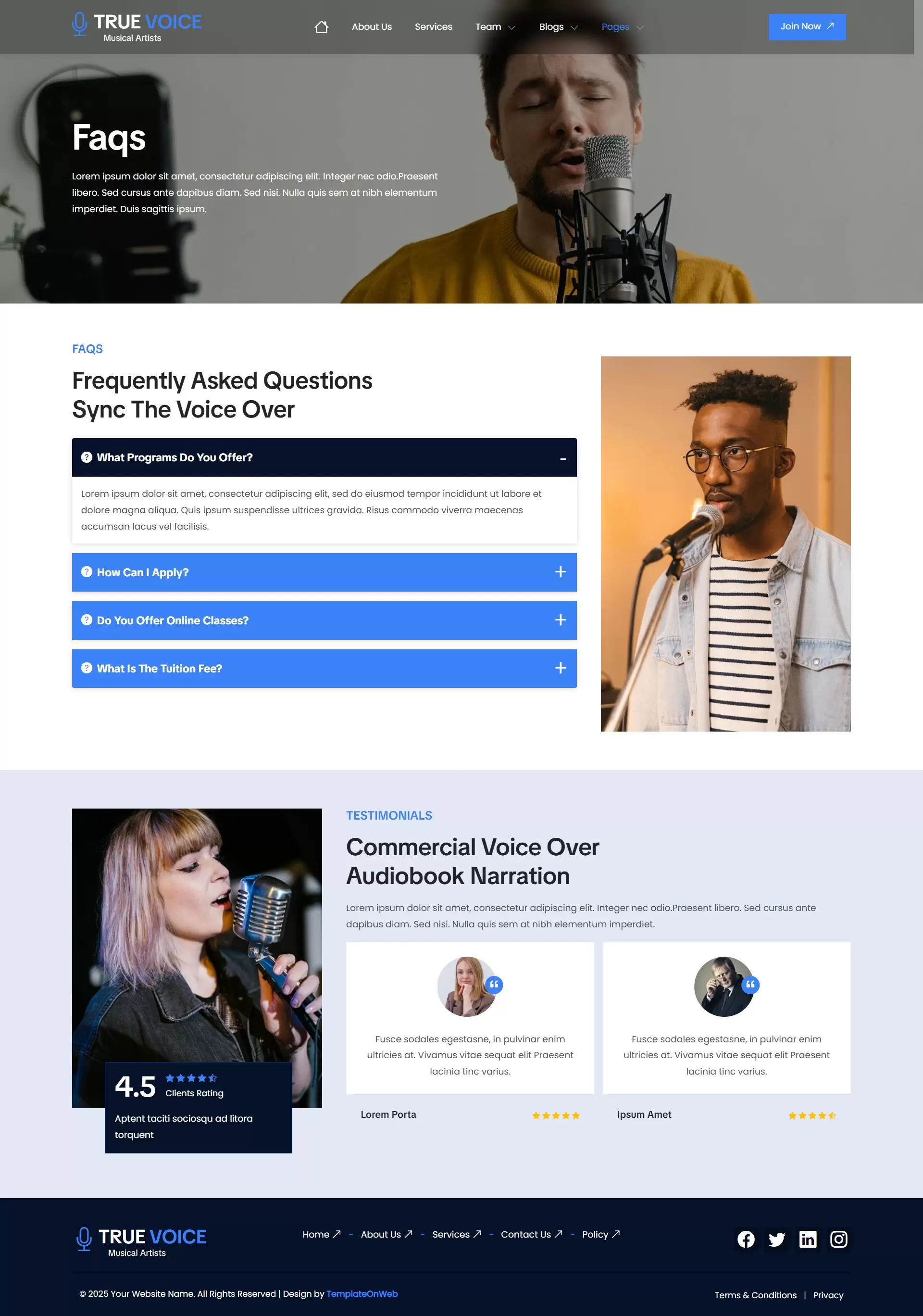 Frequently asked questions section of musical website template
