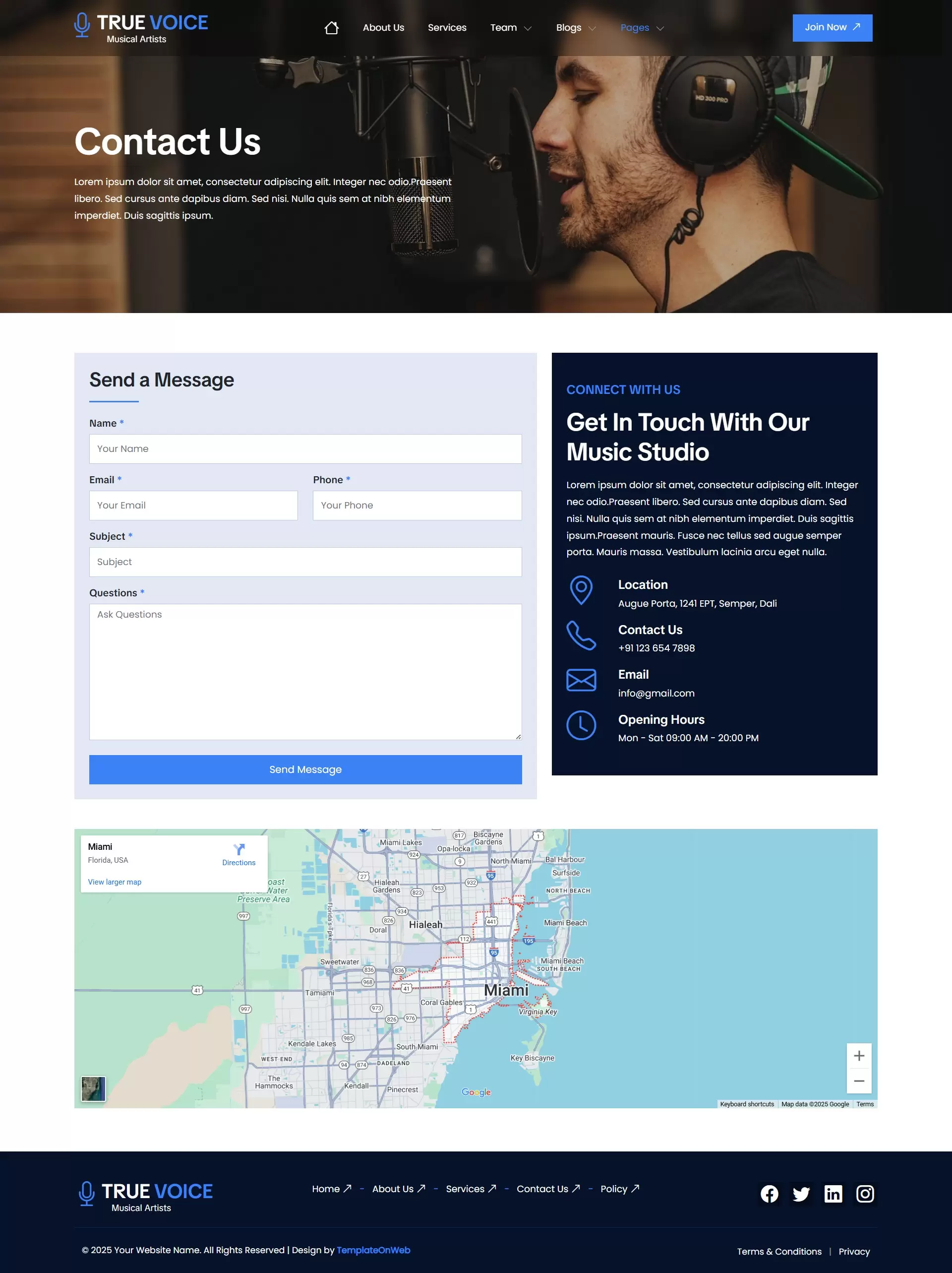 Musician or band contact section with map integration