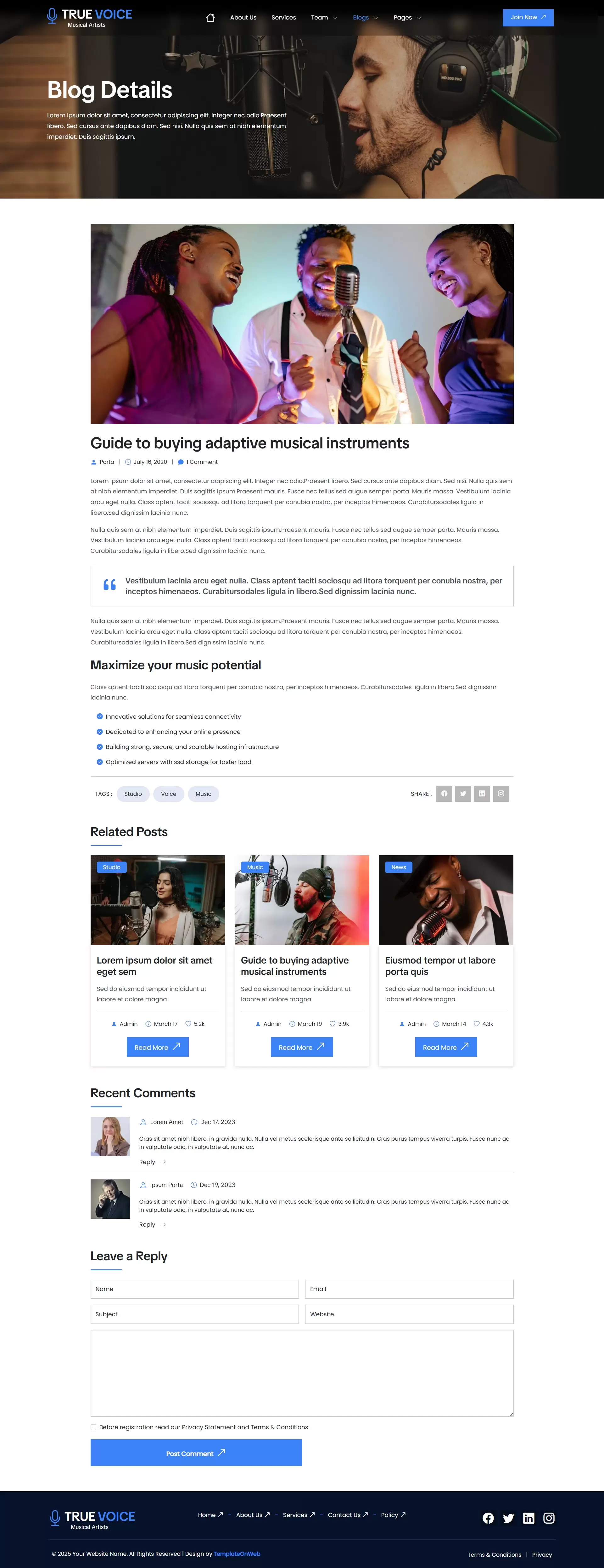 Music blog post content view in responsive template