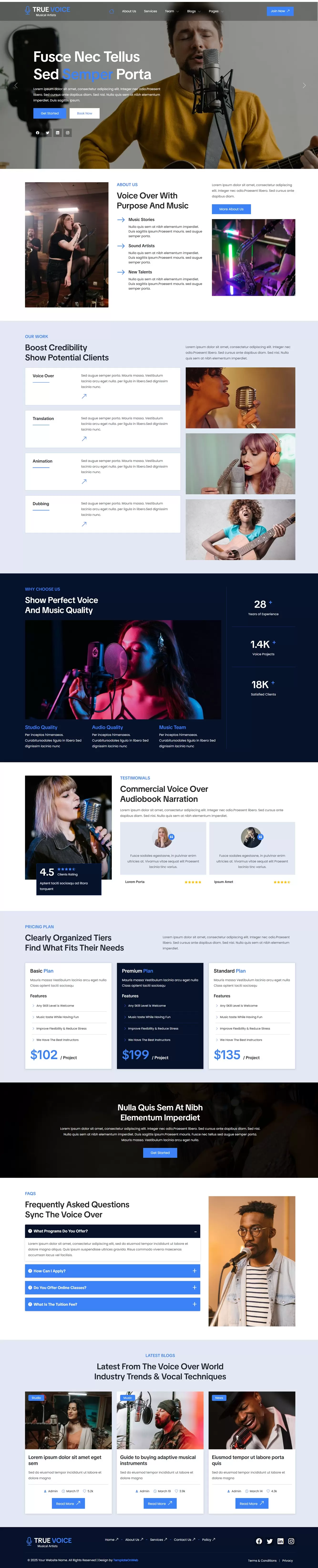 Home screen of musician website template built in Bootstrap 5