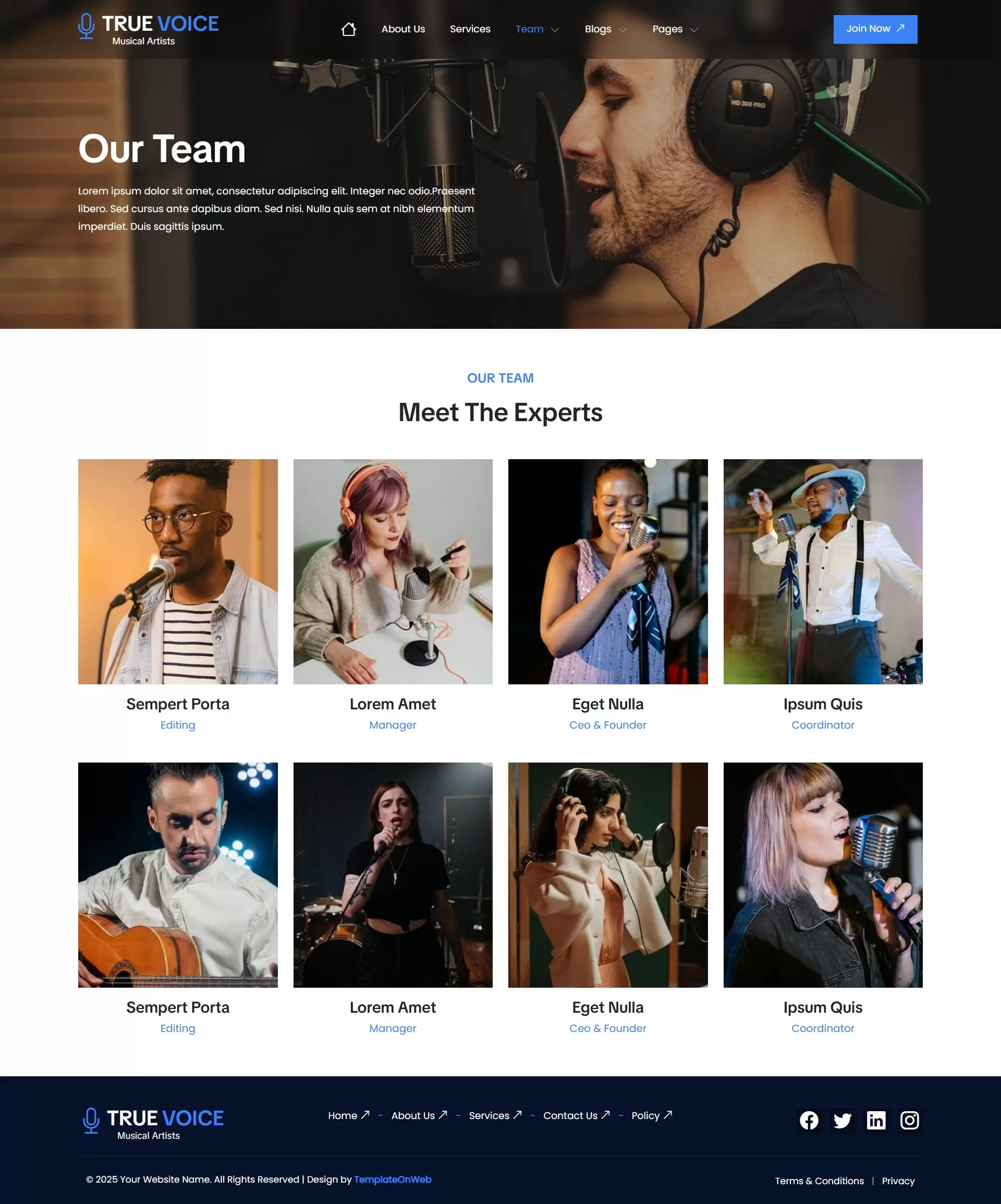 Responsive team section for music studio website