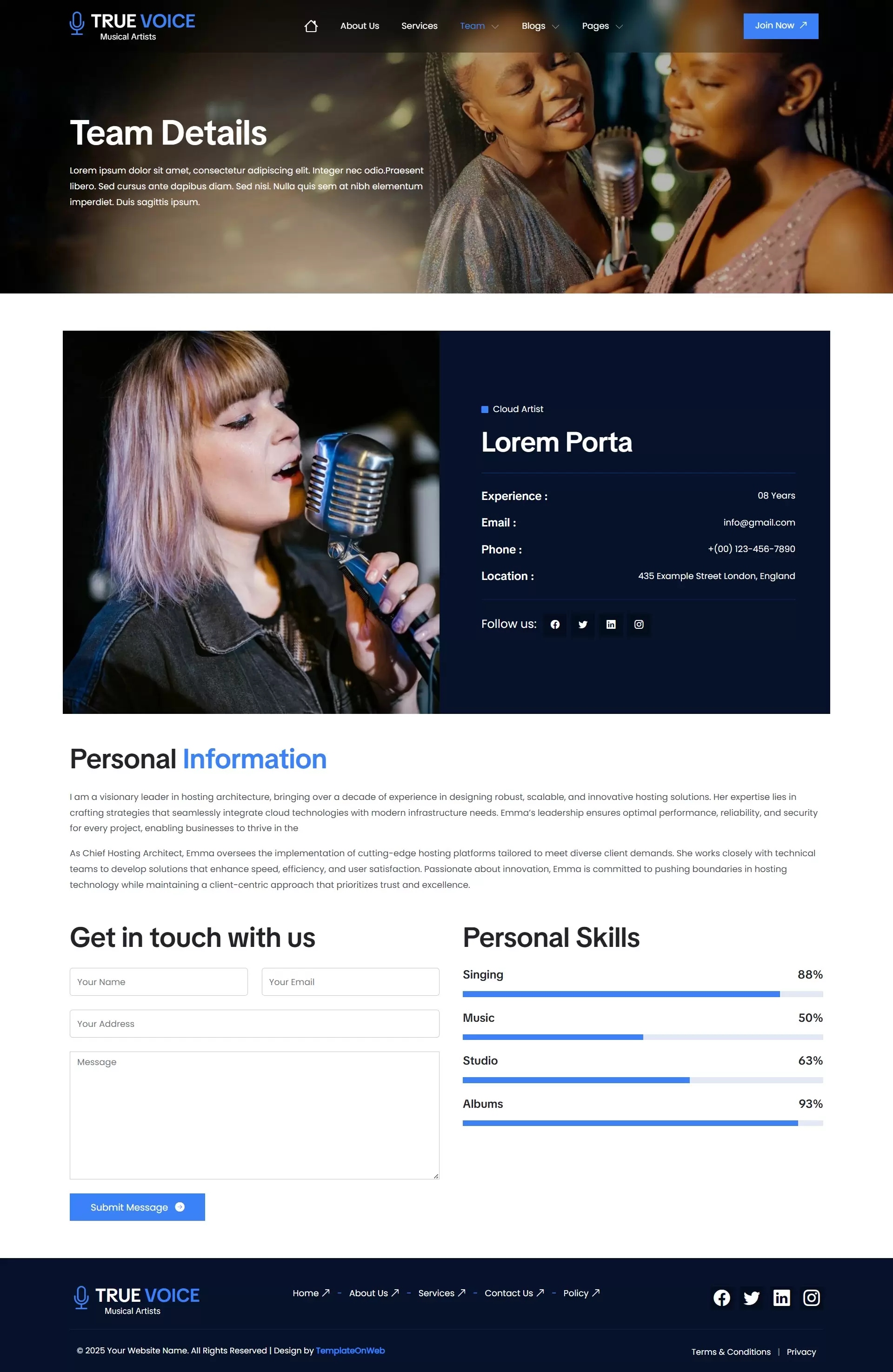 Musician bio and profile layout in responsive Bootstrap 5 design