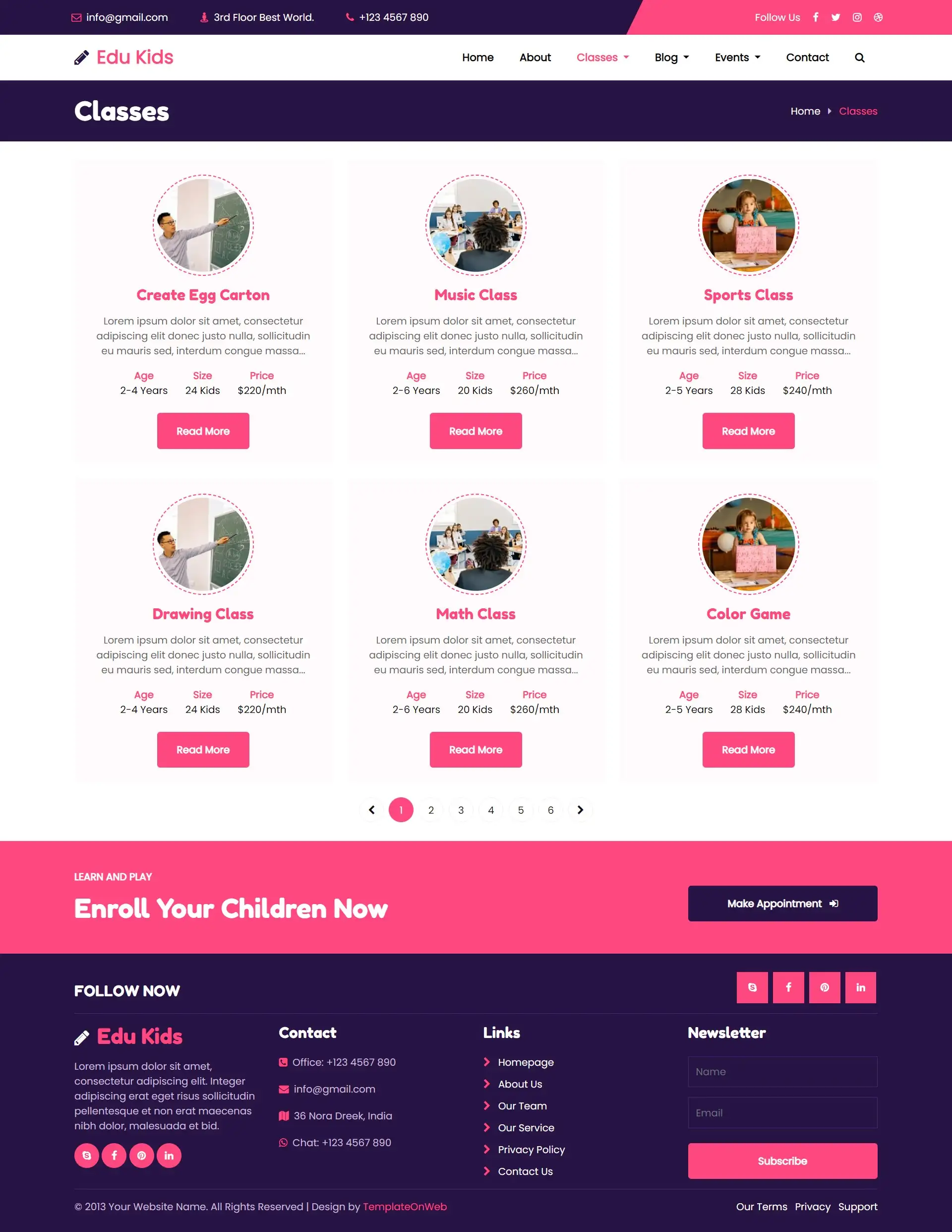Kindergarten class listing web template