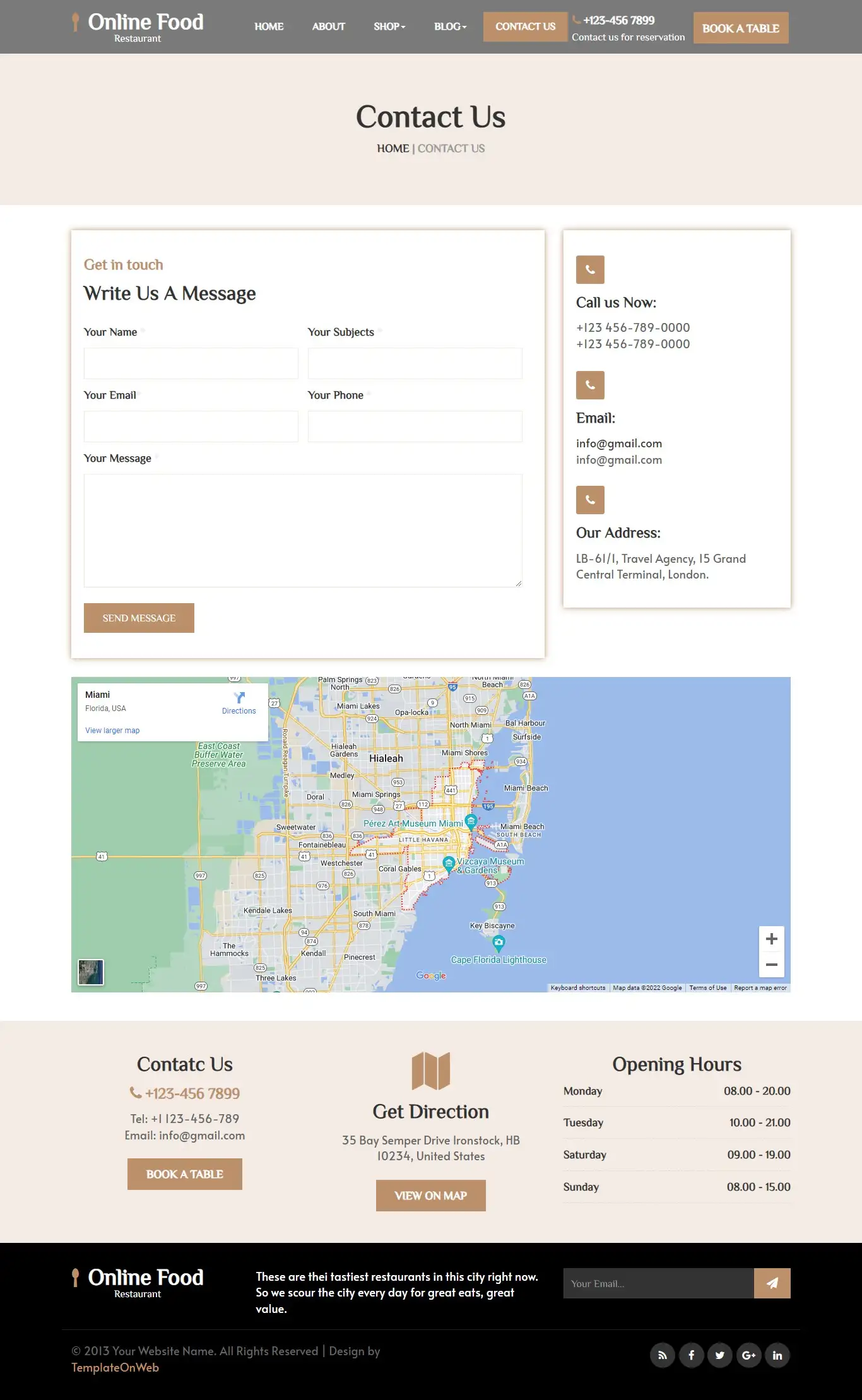 Online food service contact page