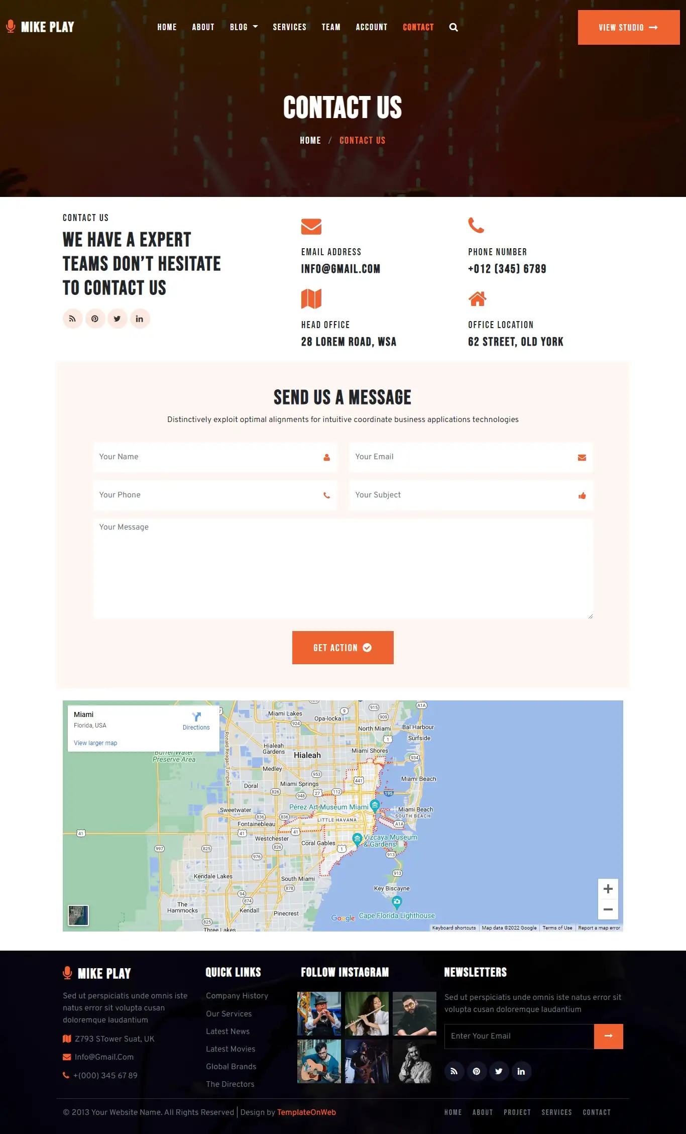 Music artists contactus page layout