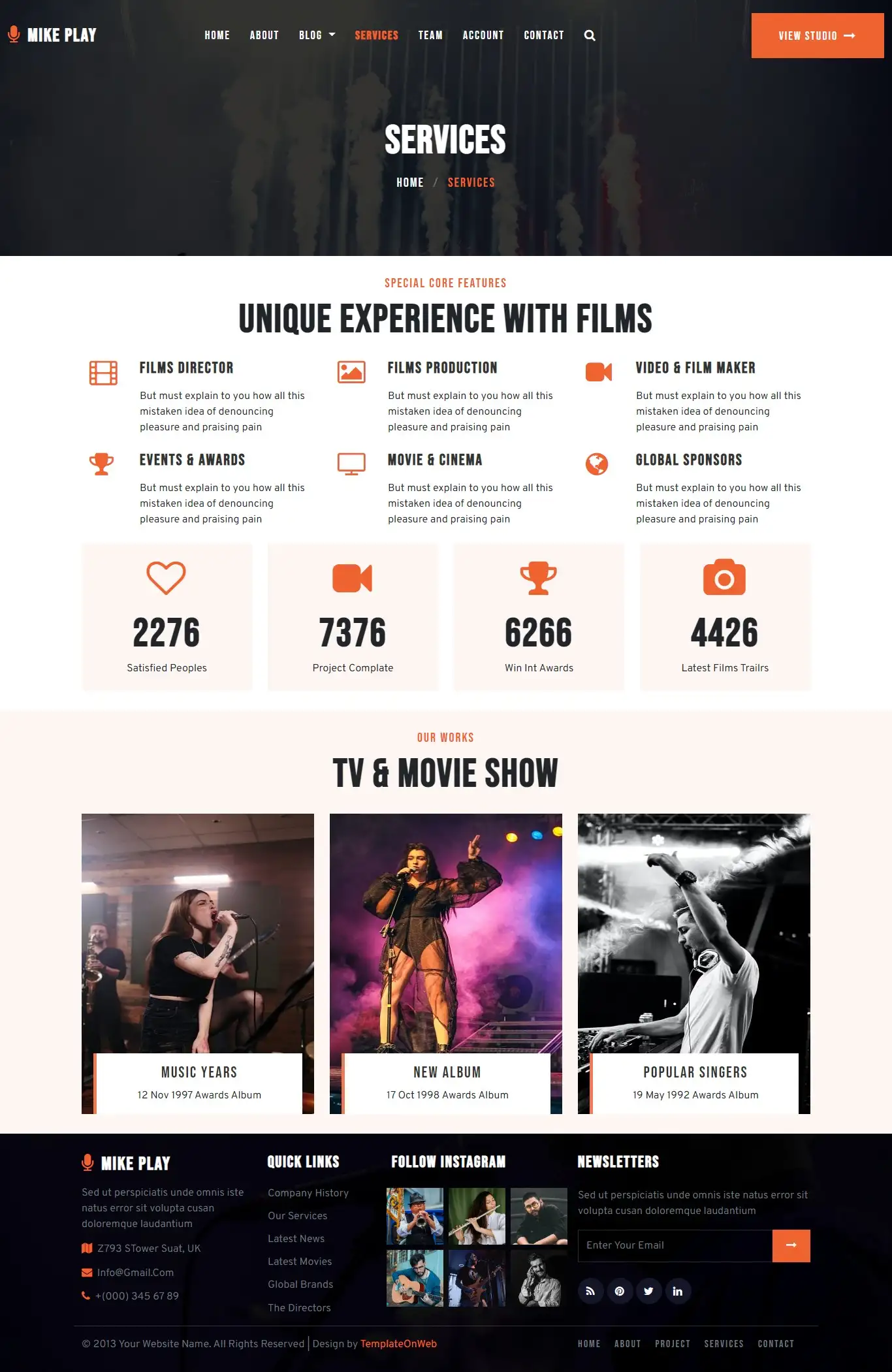 Rock and pop band services web page