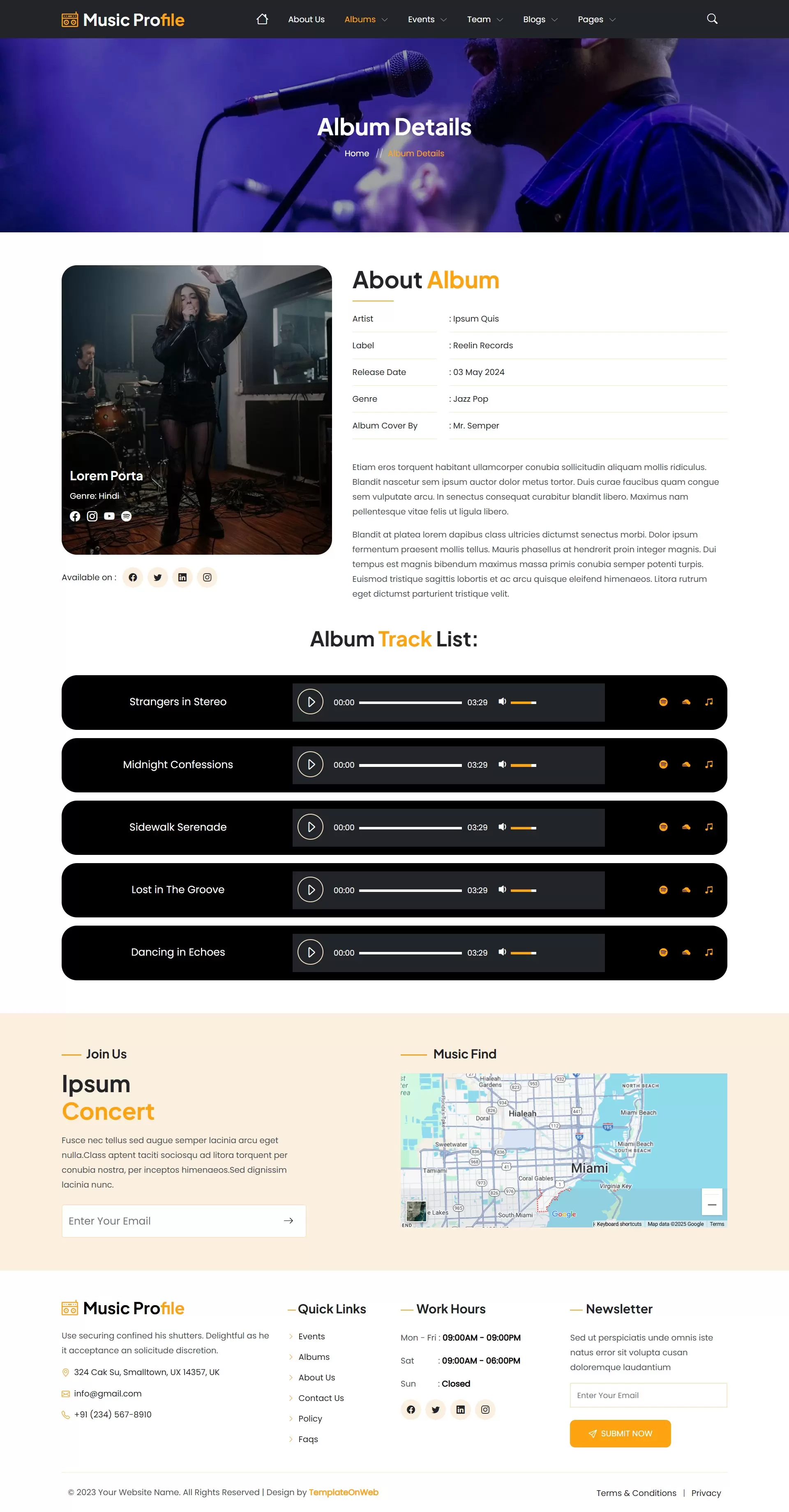 Album details page with tracklist, music player, and artist information in a responsive Bootstrap layout