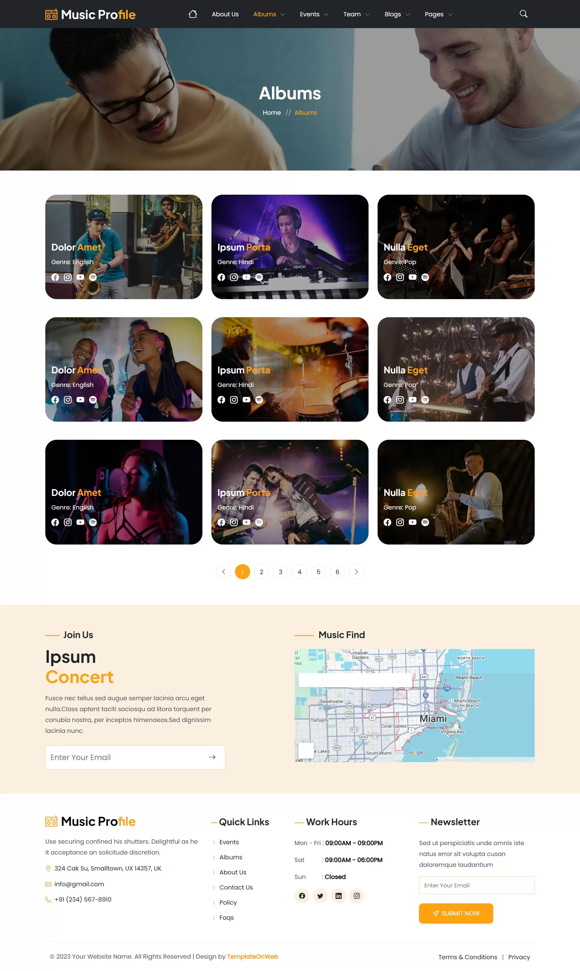 Albums listing page showcasing musician discography with cover art and release details