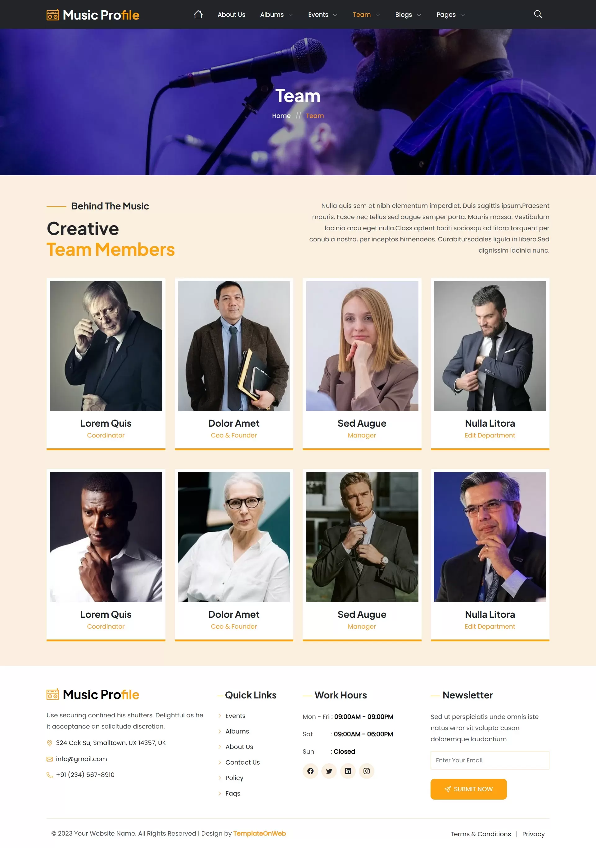 Responsive team section displaying band members and their musical roles