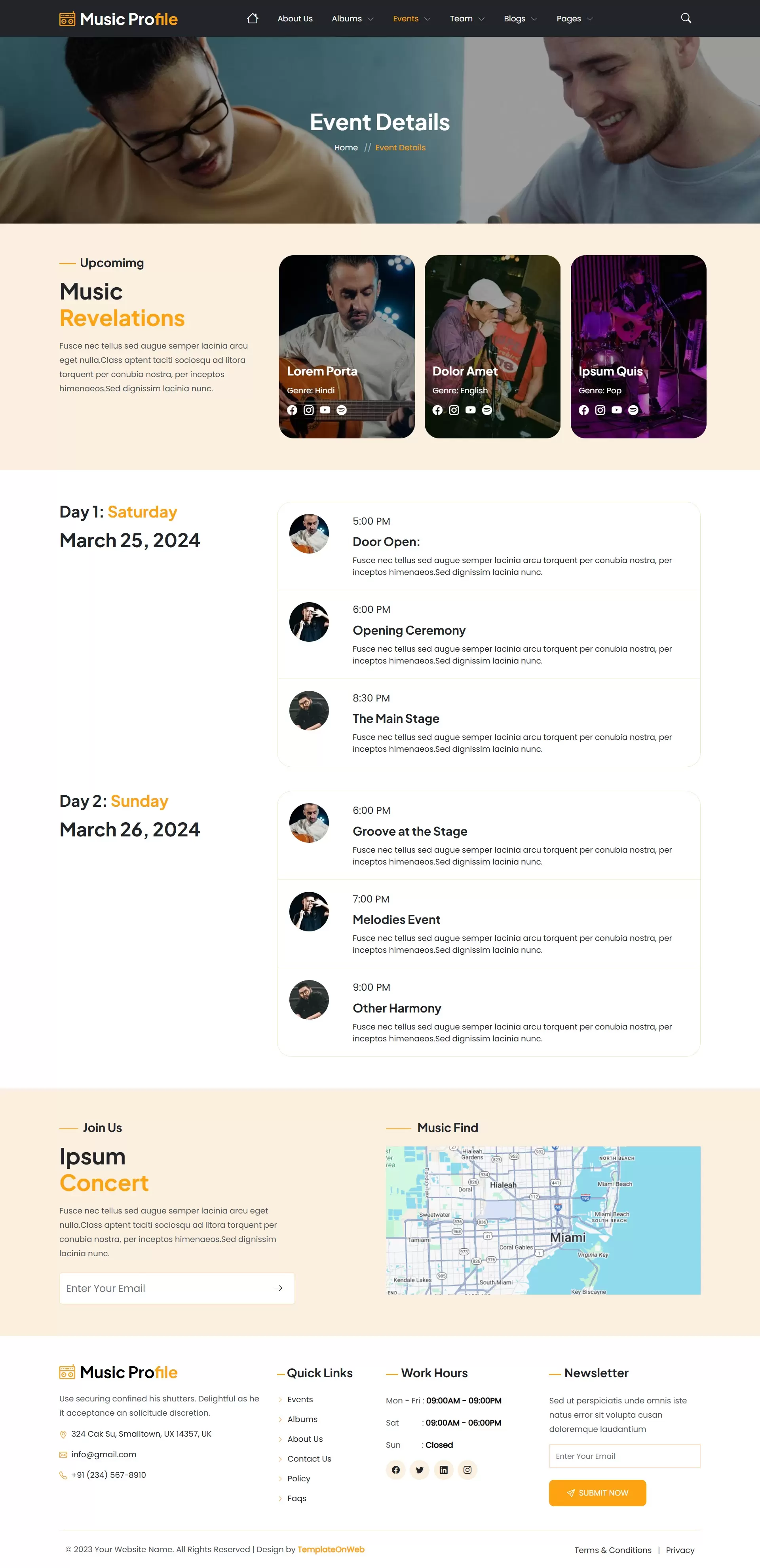 Responsive event detail page showcasing music gig info, date, location, and venue map