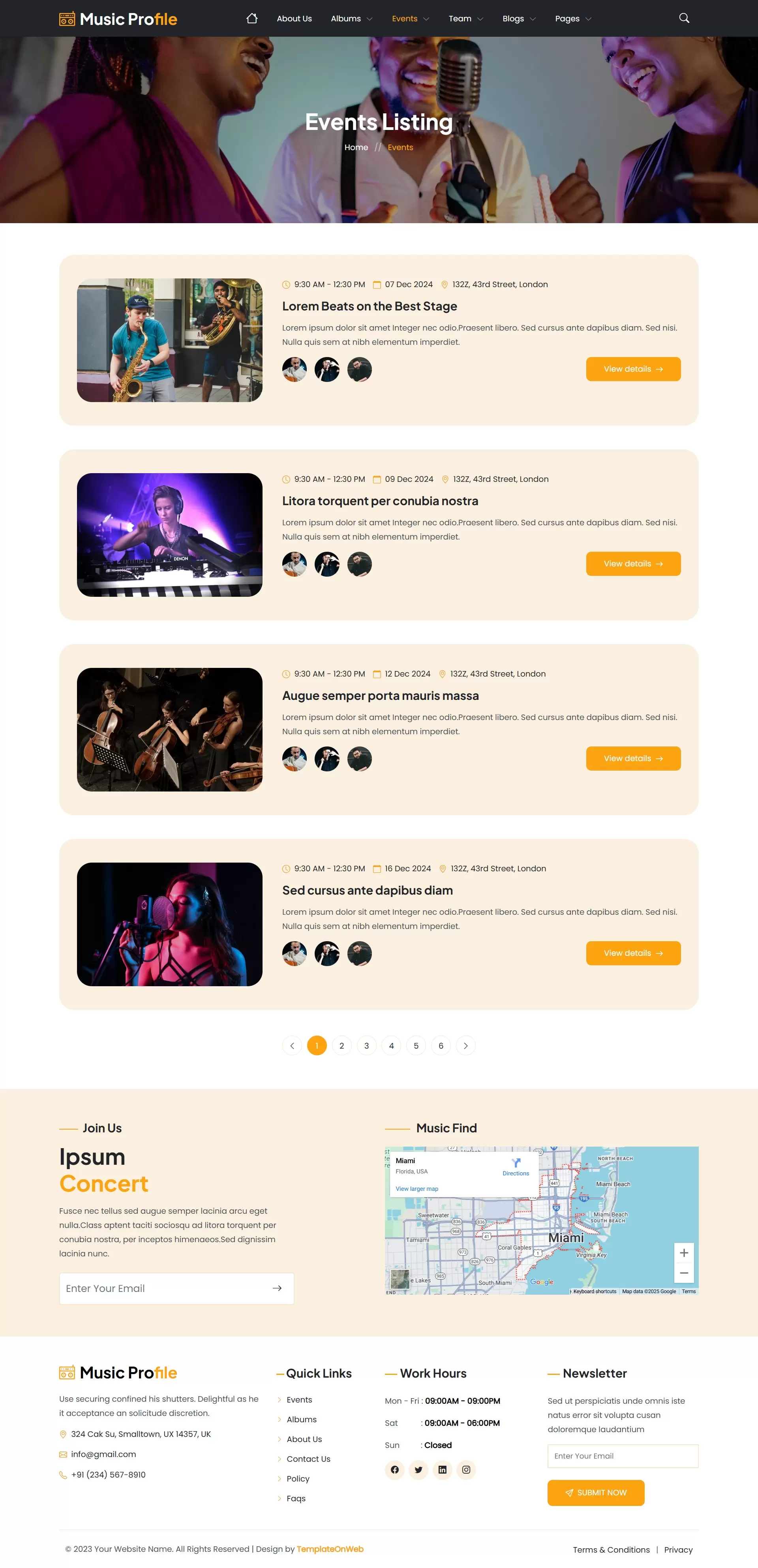 Upcoming music events list with dates, and venues