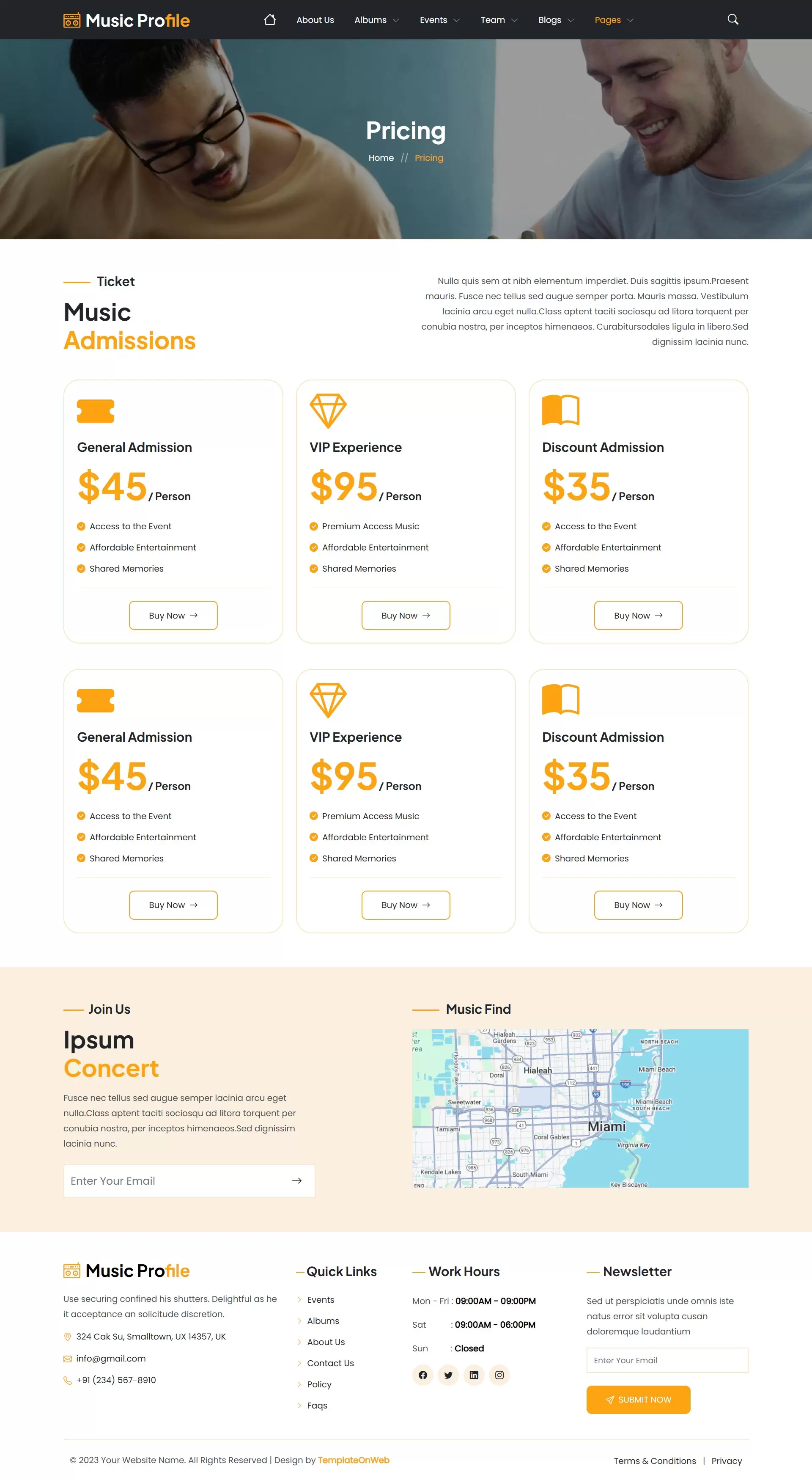 Pricing plans for music services and artist bookings on responsive layout