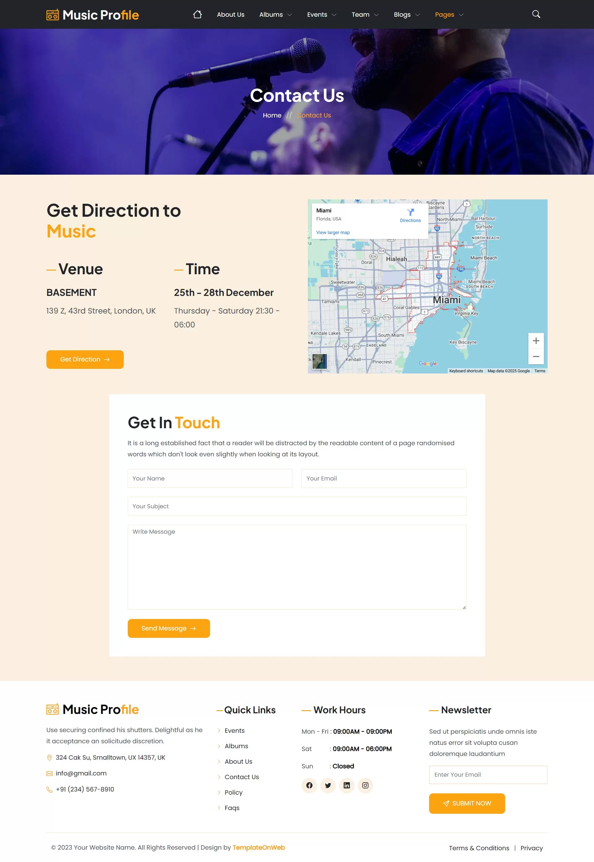Contact form and location map for musician inquiries and bookings