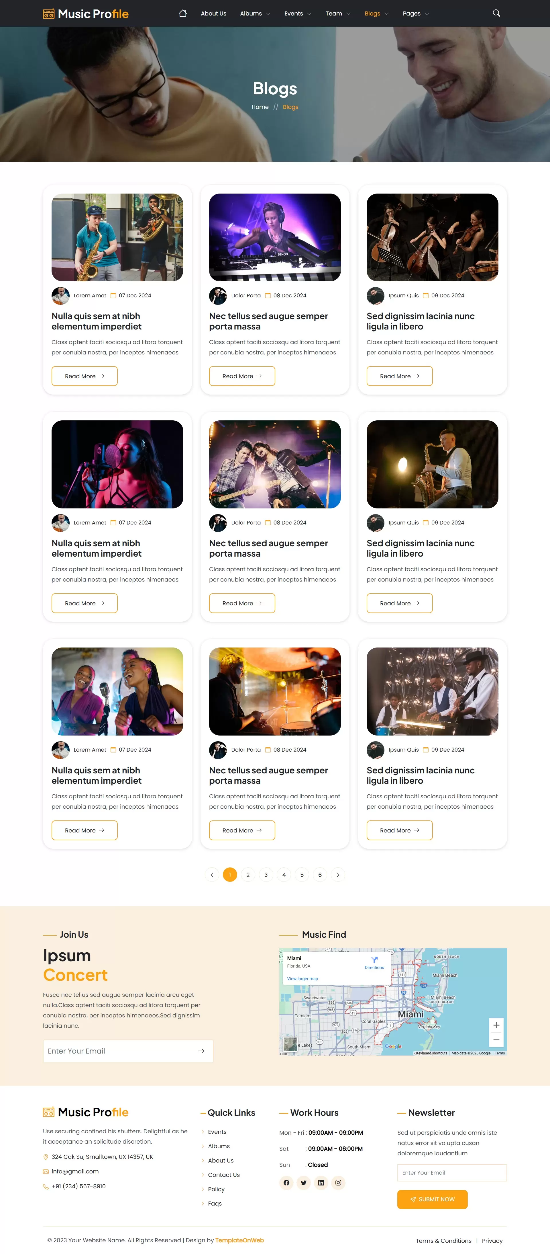 Musician profile site blog list with entries on events, releases, and artist stories