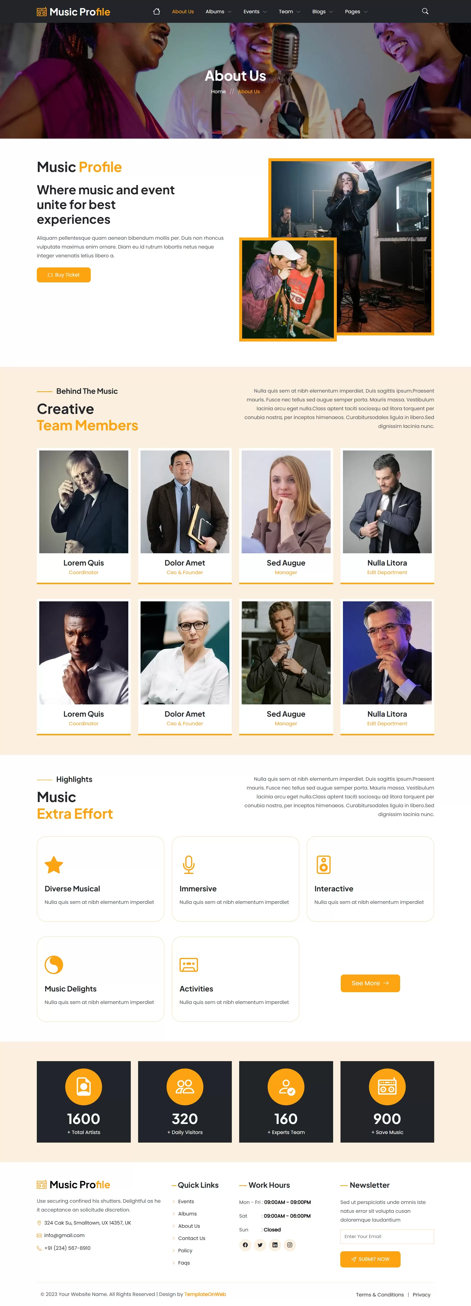 About musician profile template with artist biography, background, and music journey information