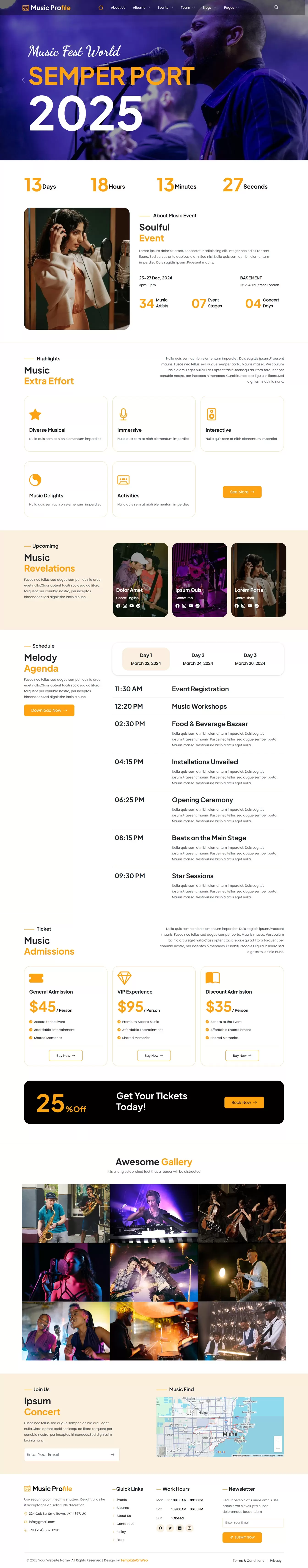 Musician profile website template home page showing artist bio, albums, and upcoming events in a modern layout
