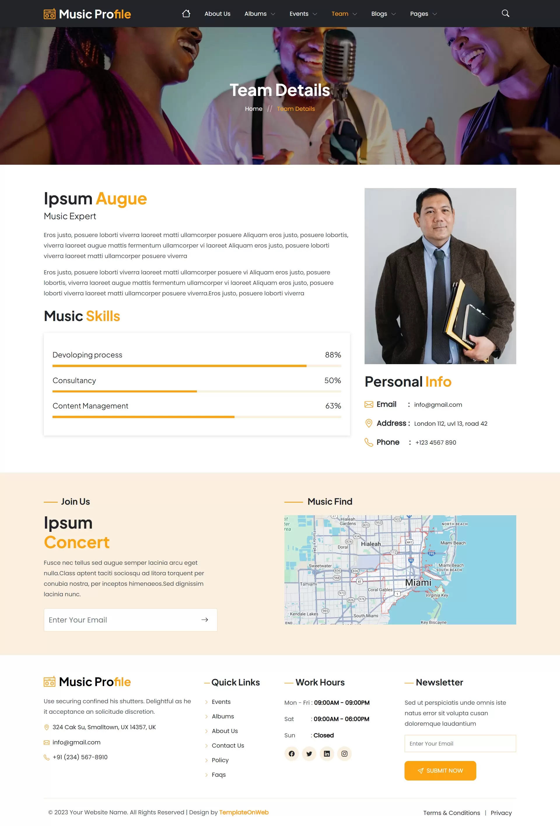 Responsive team details page featuring individual musician profiles with roles and achievements
