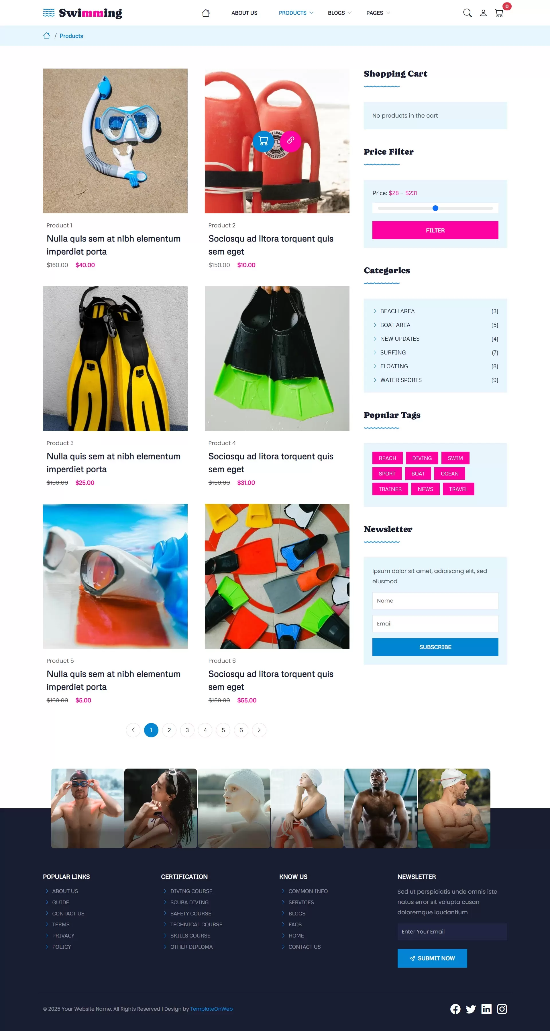 Responsive swimming template shop page preview showing items for sale
