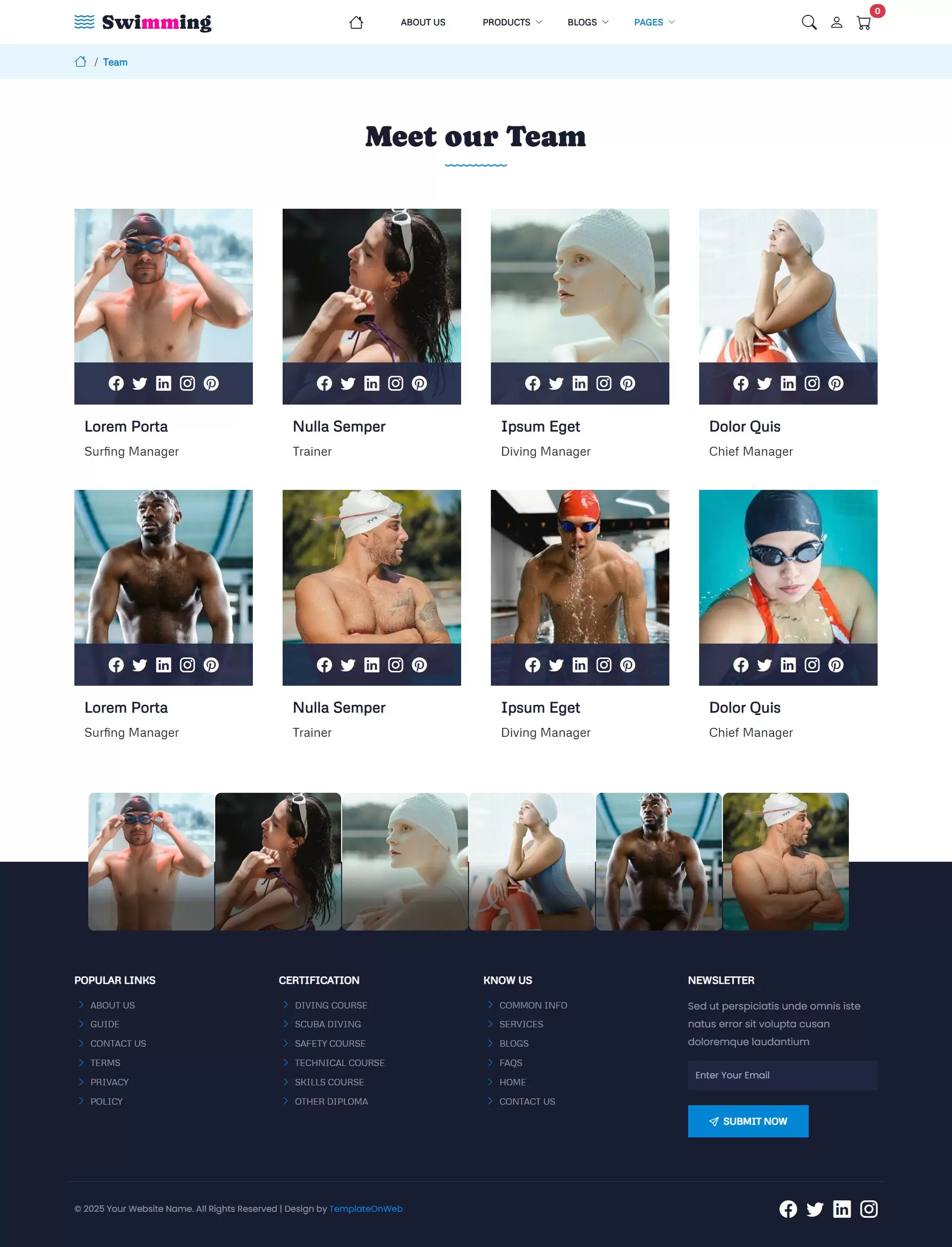 Swim academy website template teams page showcasing coaches and trainers