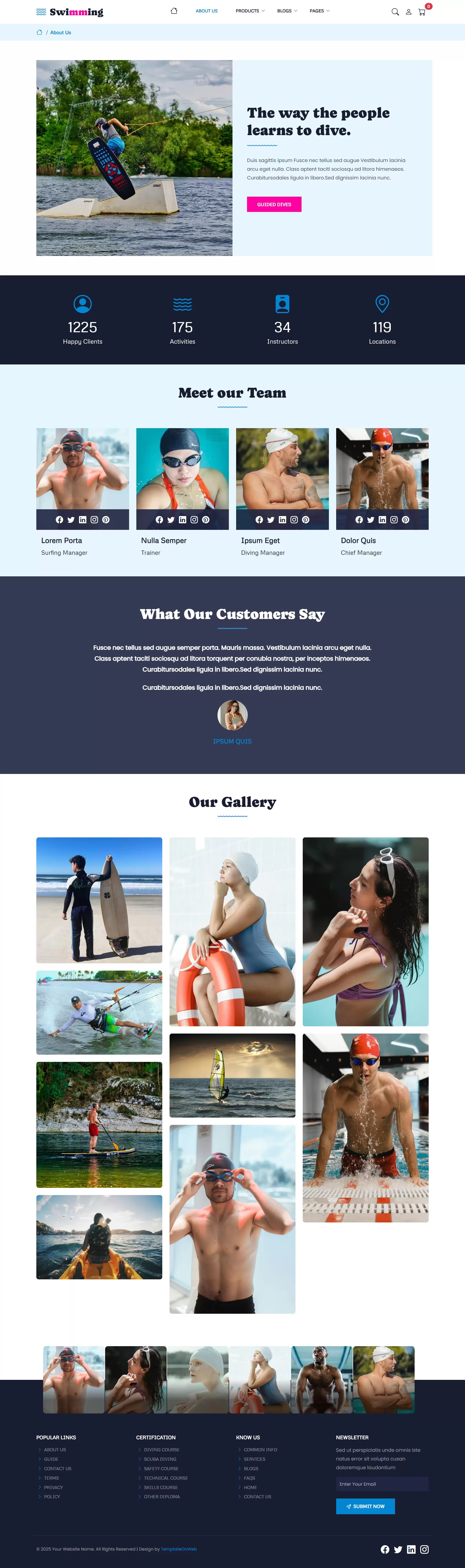 Swim club website about us page showing mission and coach profiles