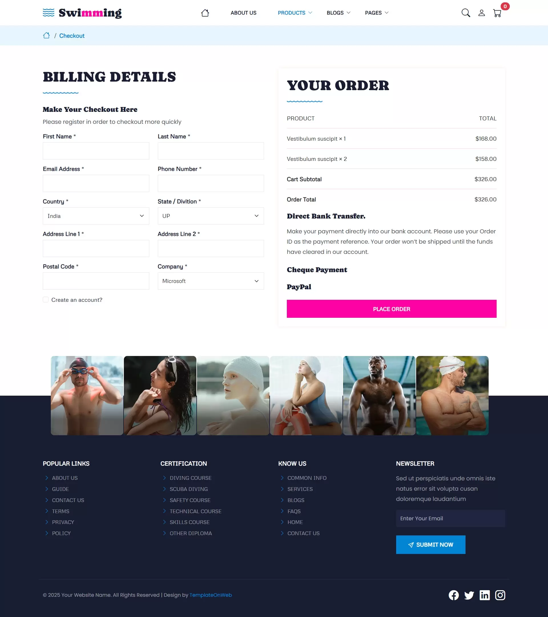 Swim club website checkout page preview showing user details and payment