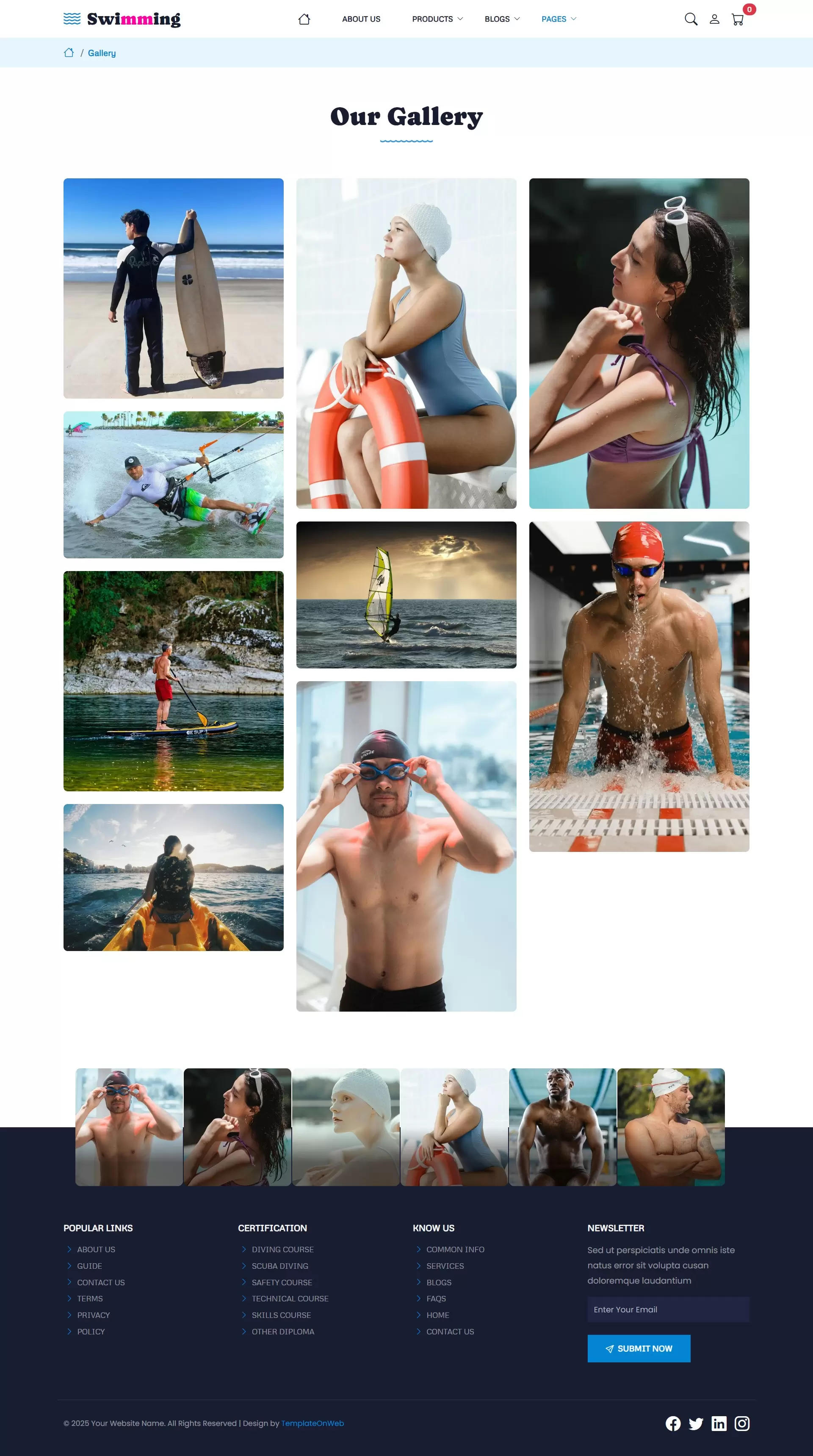 Modern swimming website template gallery section showcasing students and coaches