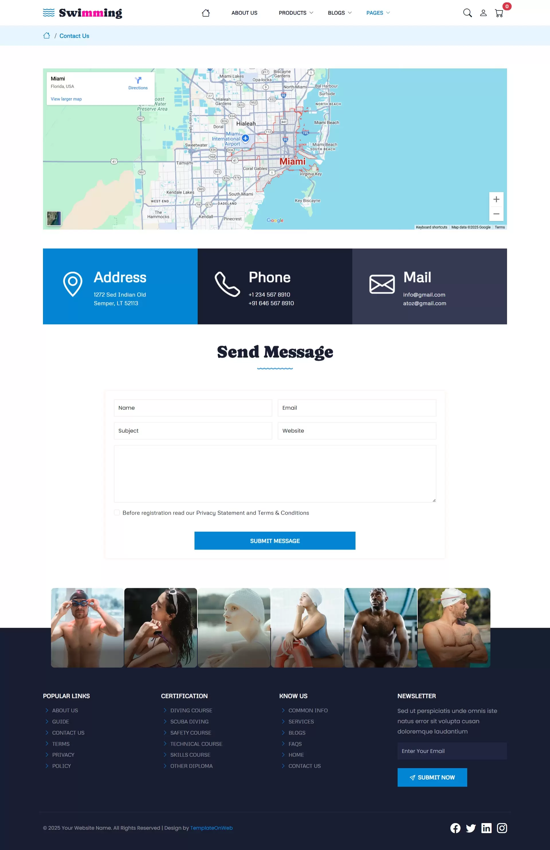 Swimming club website template contact page with form and details