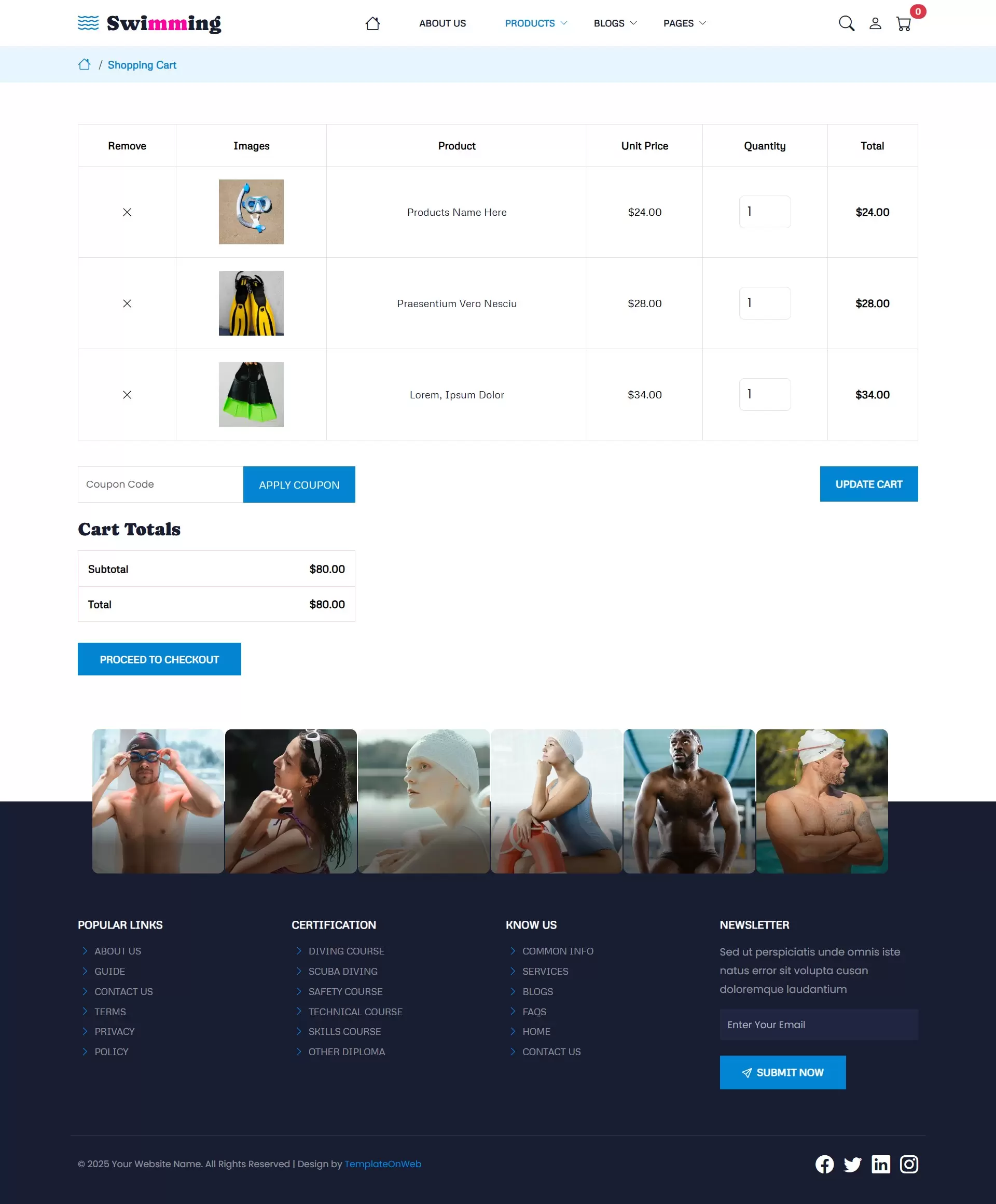 Responsive swimming school template cart page preview for eCommerce