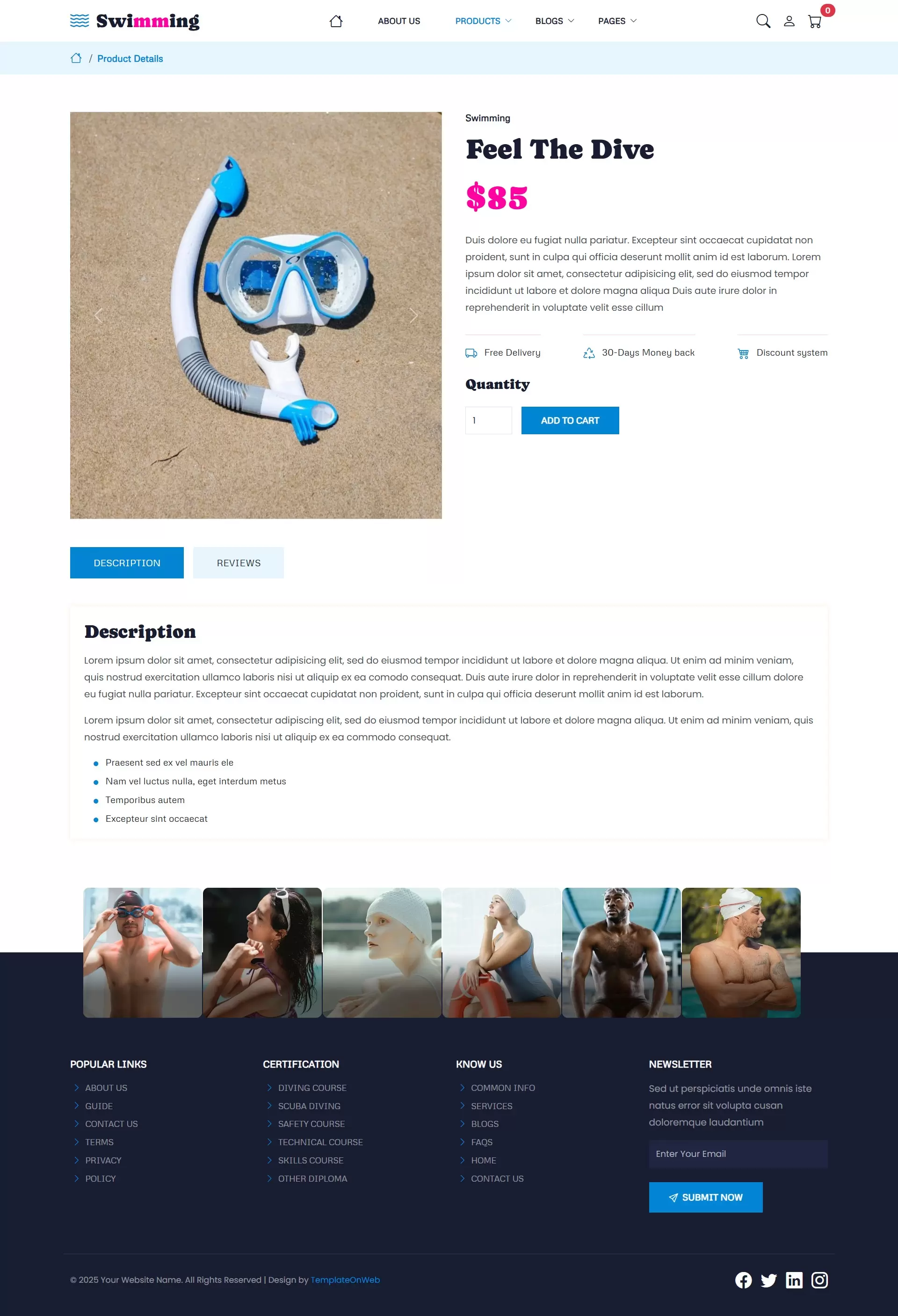 Swimming product details page with item description and price