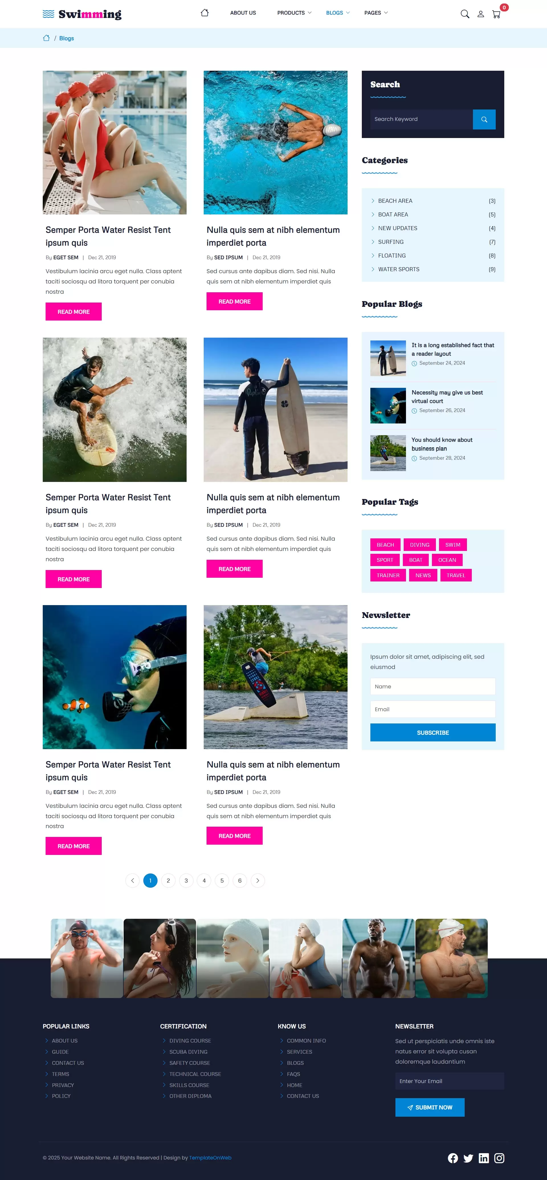 Watersports website blog listing page with titles and summaries