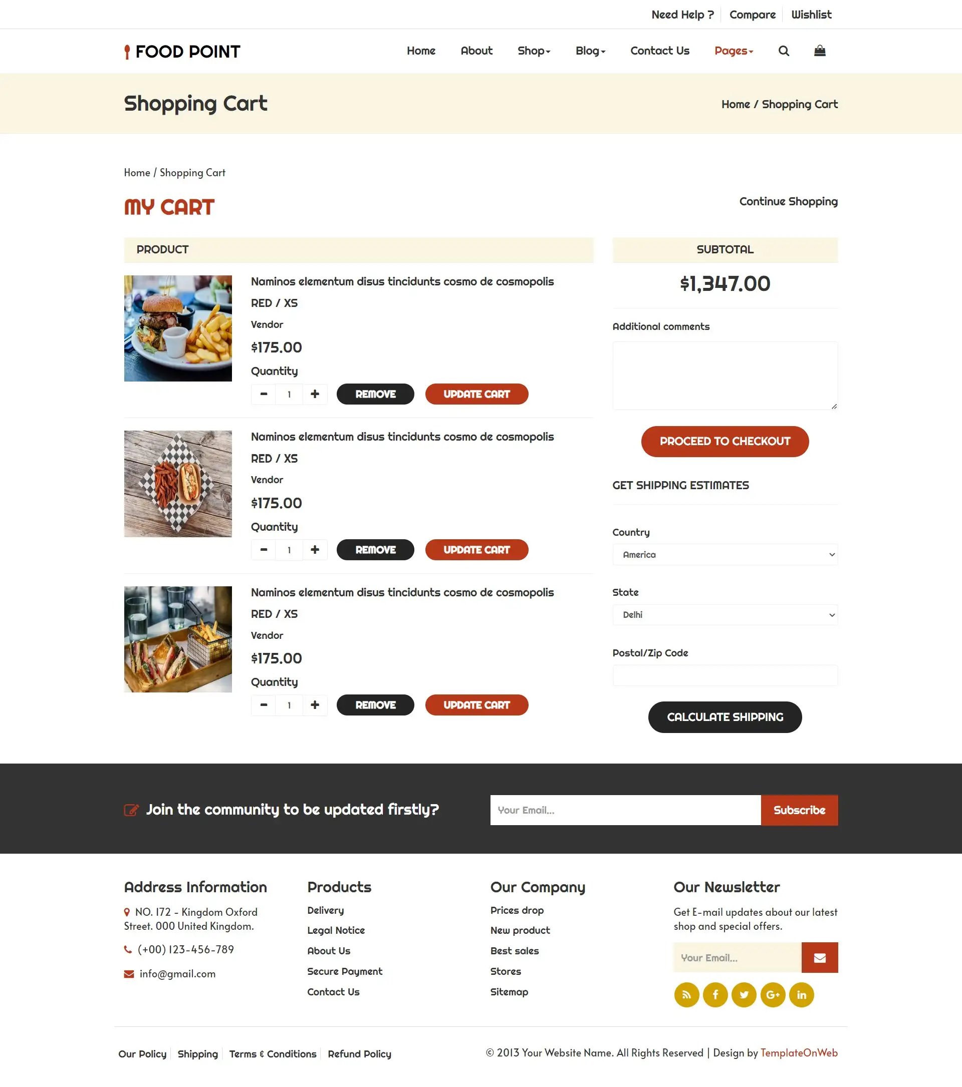 Online food ordering platform cart items