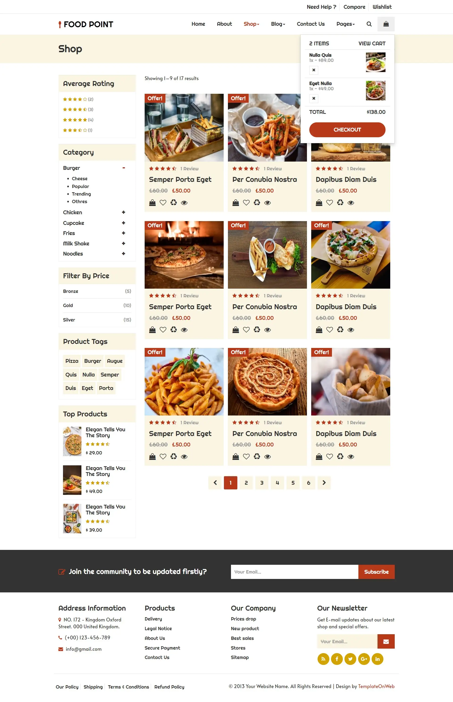 Restaurant foods list web page