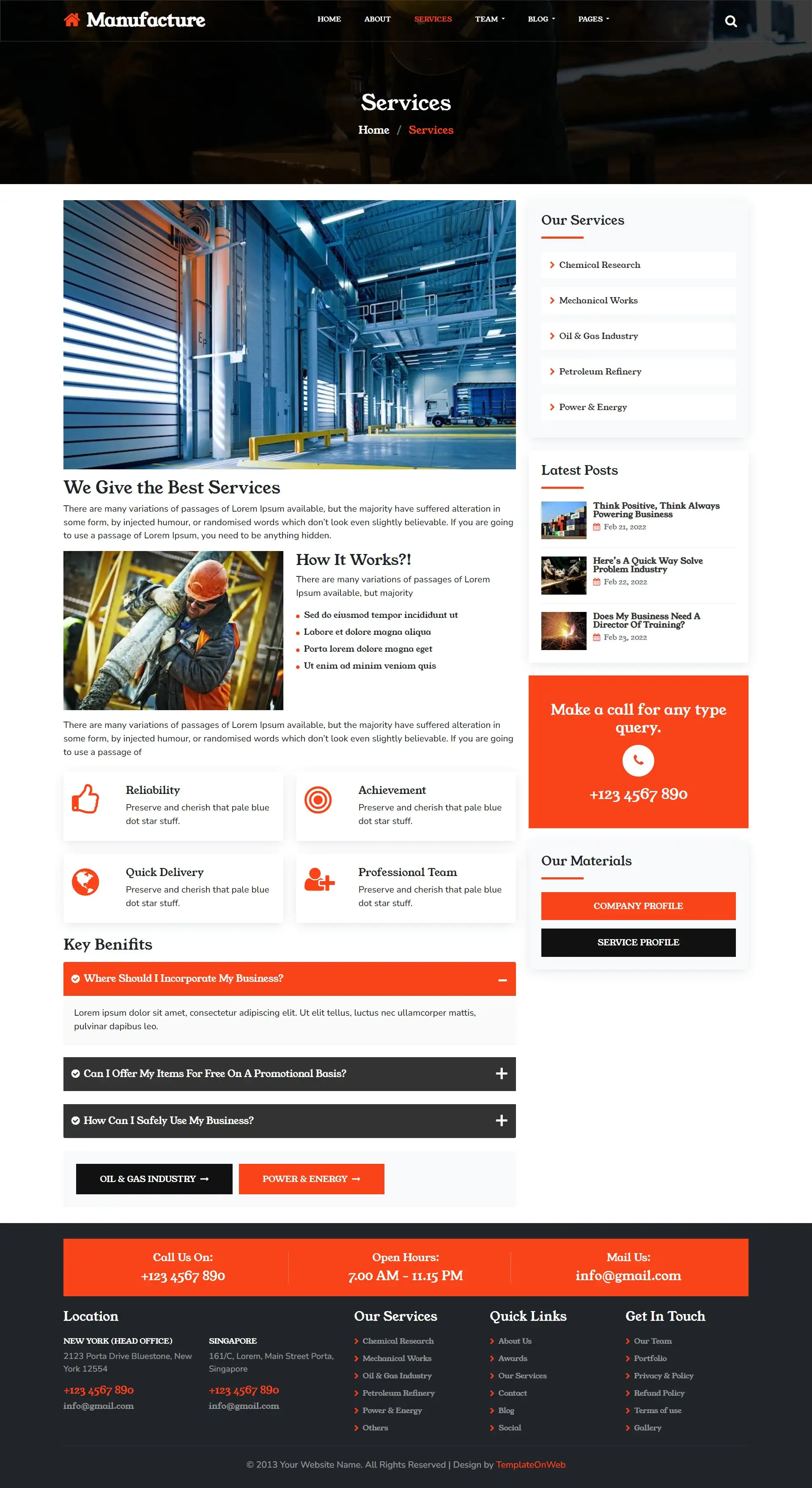 Manufacturer services details page web design