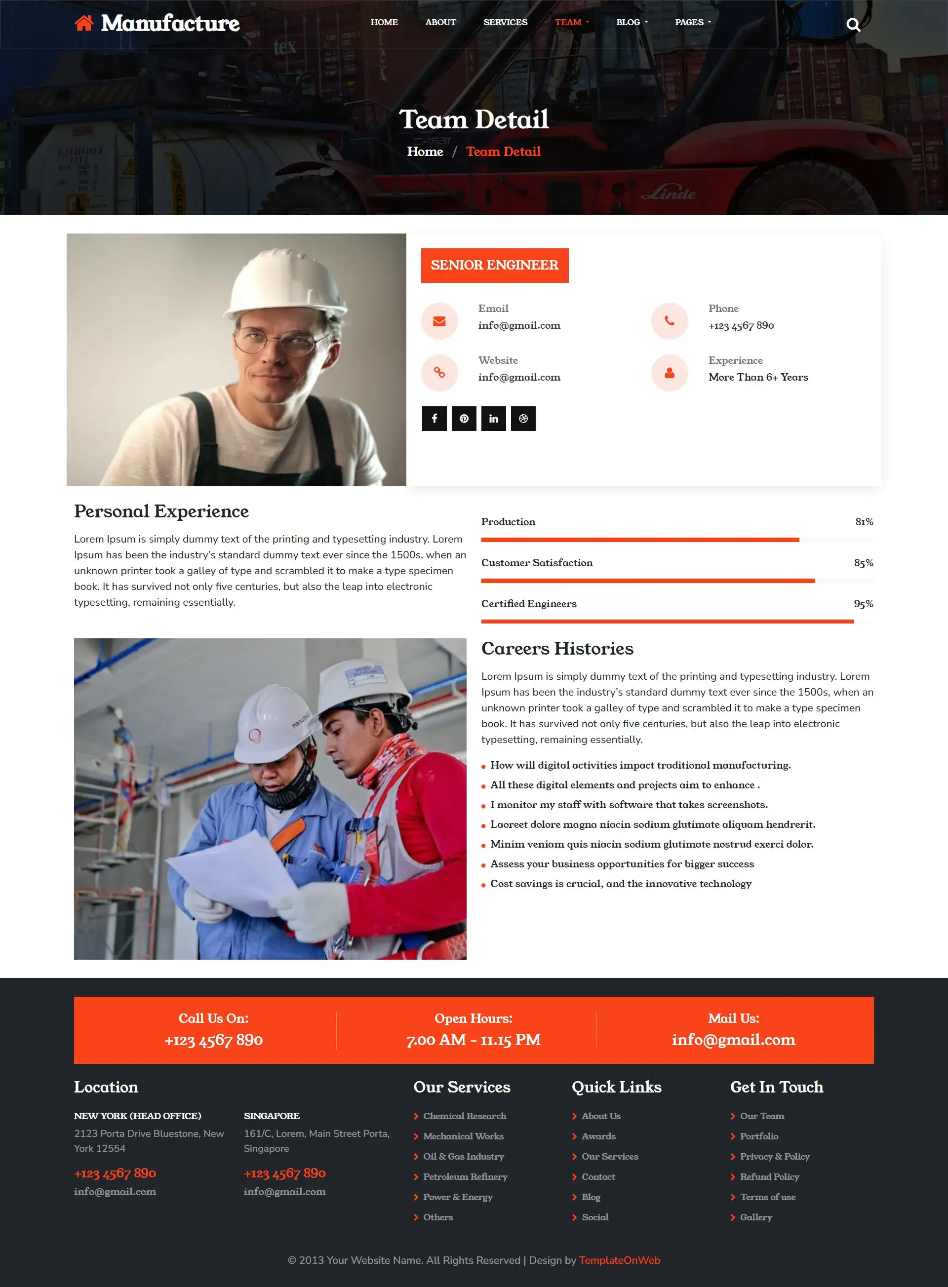 Team details for production of goods page