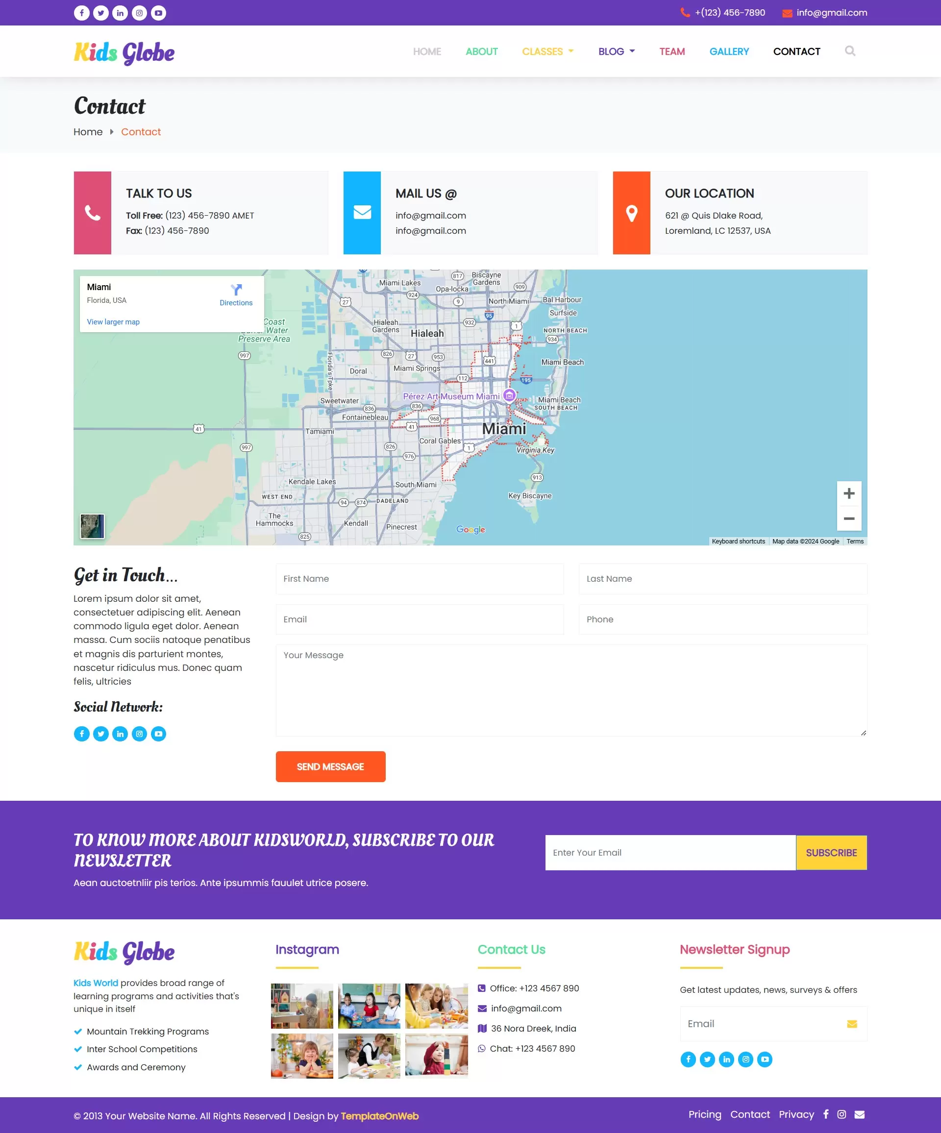 Kids care center contact details page