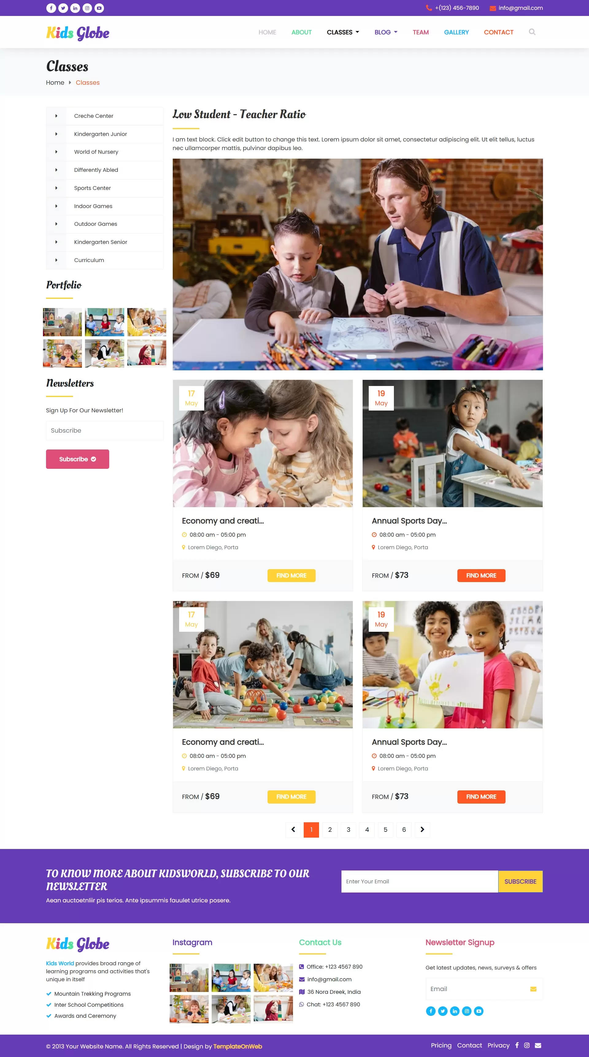 Classes page to showcase early education fundamentals to prepare children for school