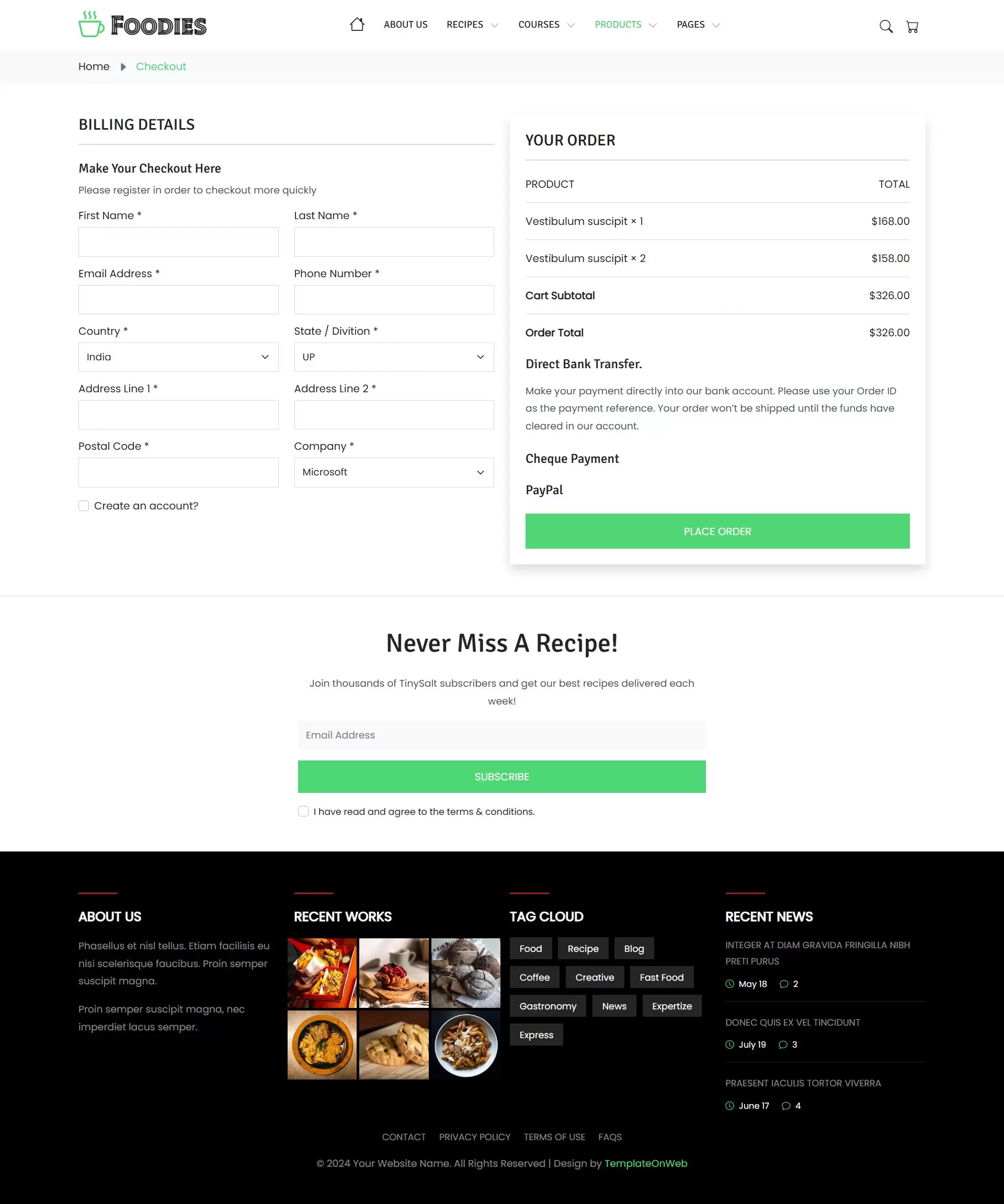 Billing & shipping address form with order summary and place order button