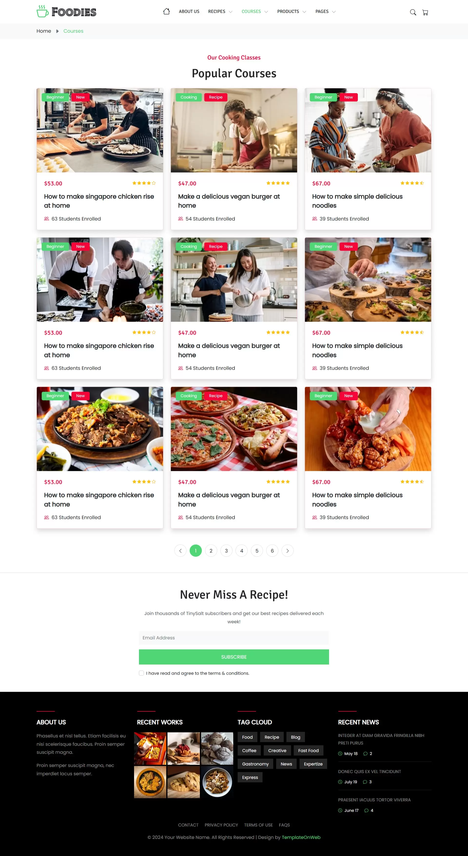Displays available cooking classes, categorized by cuisine