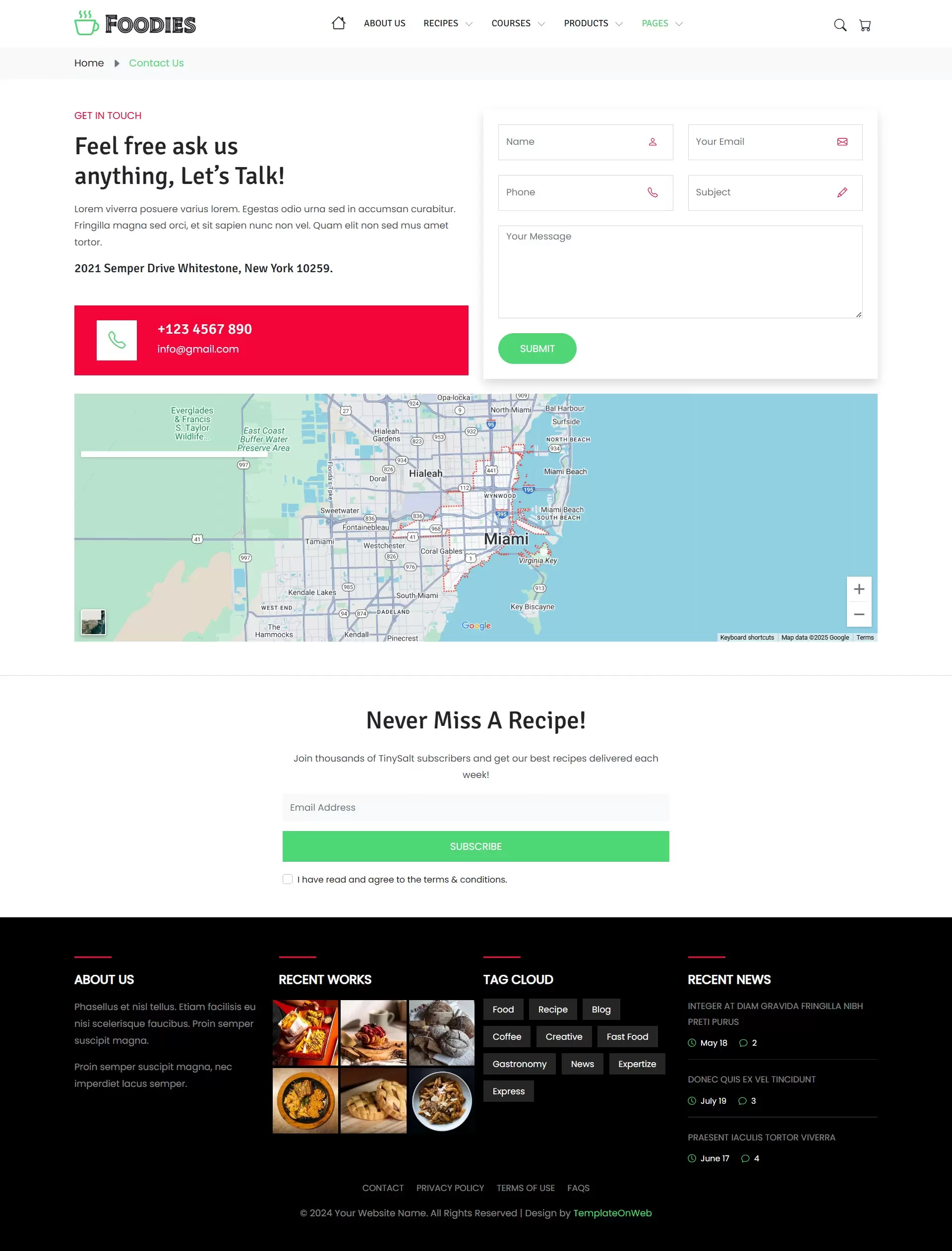 Provides a form for inquiries, social media links, and customer support details