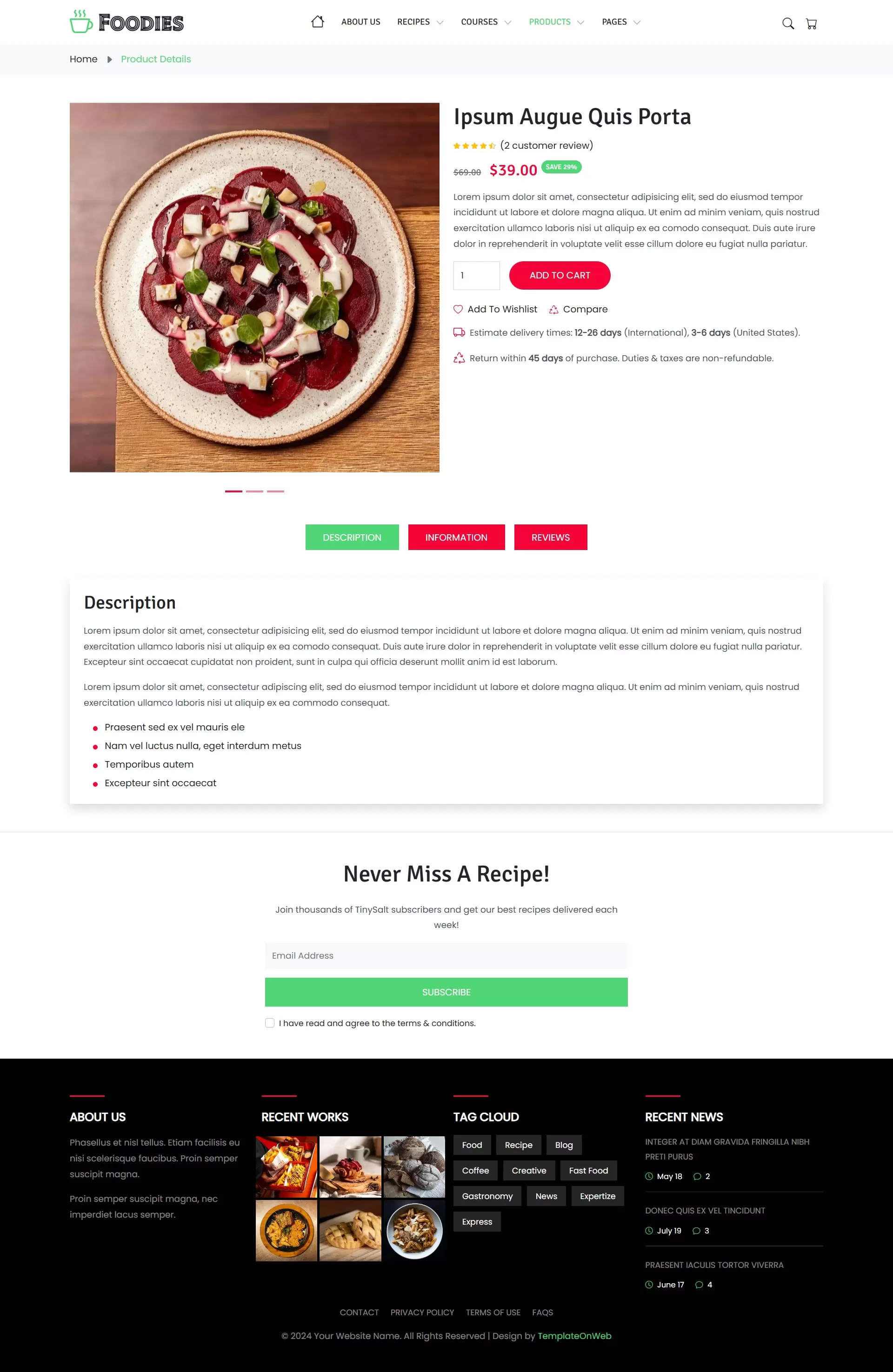 Cooking item product description, specifications, and price